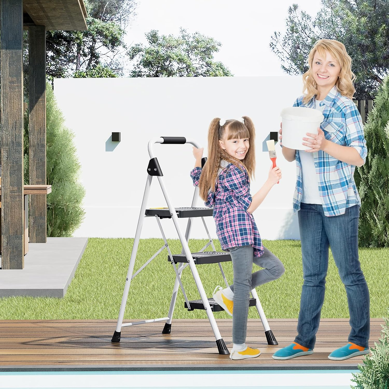 KINGRACK 3 Step Ladder, Sturdy Steel Folding Step Stool with Safe-Lock Design, Handrail, Anti-Slip Wide Pedals, Pass 150 KG Load Testing, Portable Stepladder for Multi-Purpose, Home, Kitchen, White image number 2