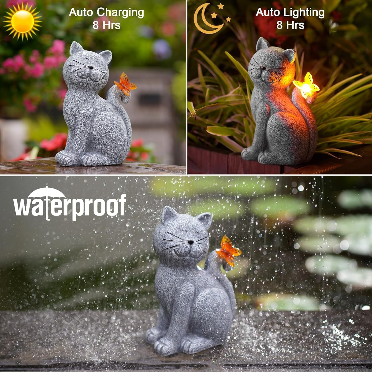 Garden Cat Statue Outdoor Solar Light, outside Decor with Butterfly, Patio Easter Ornament for Lawn Balcony Porch Yard Art Decor, Birthday Gifts for Mom Grandma Women image number 4