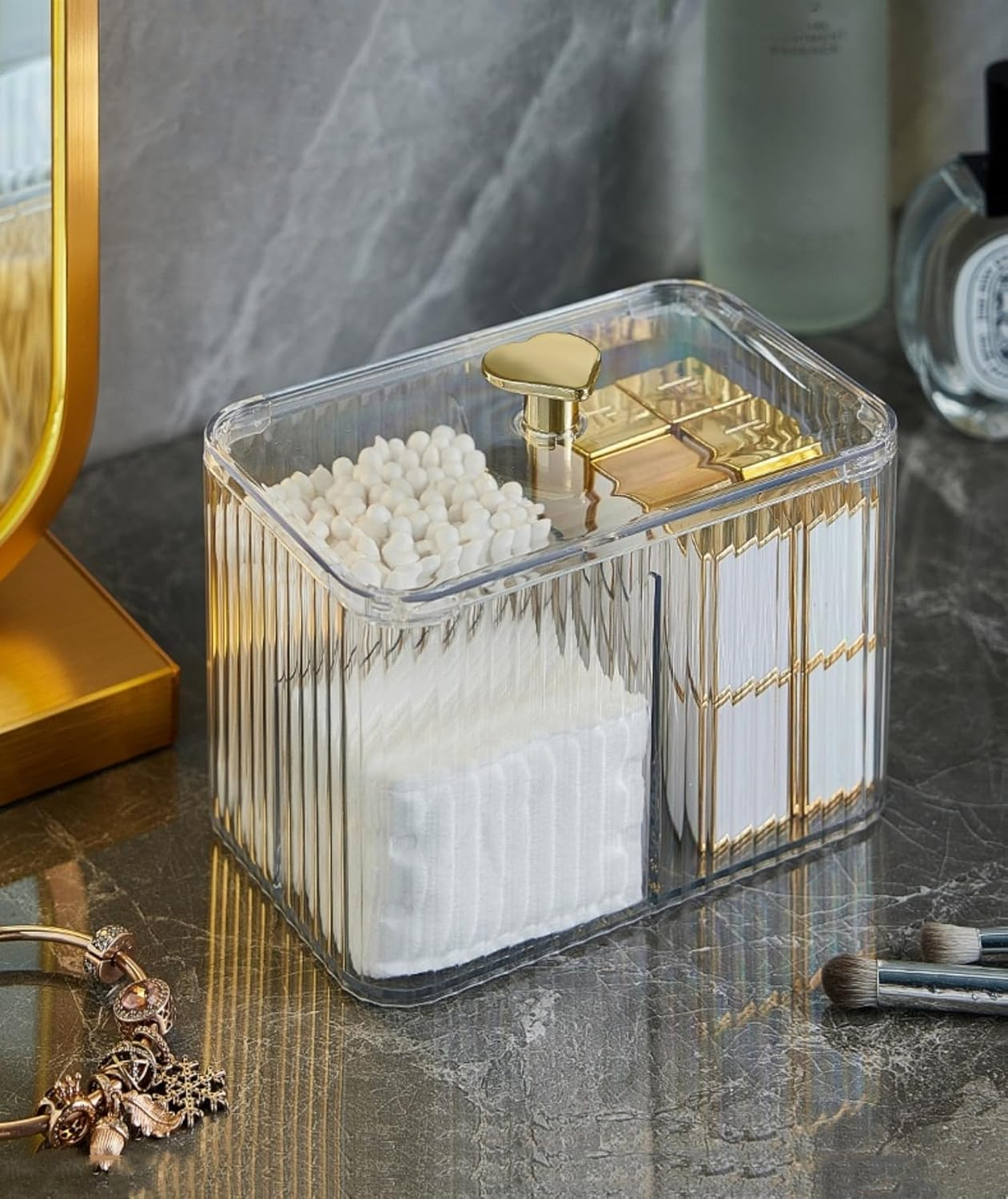 Qtips Holder Dispenser 3 Compartments Cotton Ball Holder Cotton Swabs Organizer Acrylic Bathroom Container with Lid for Swab Pads Cosmetics(Clear) image number 2