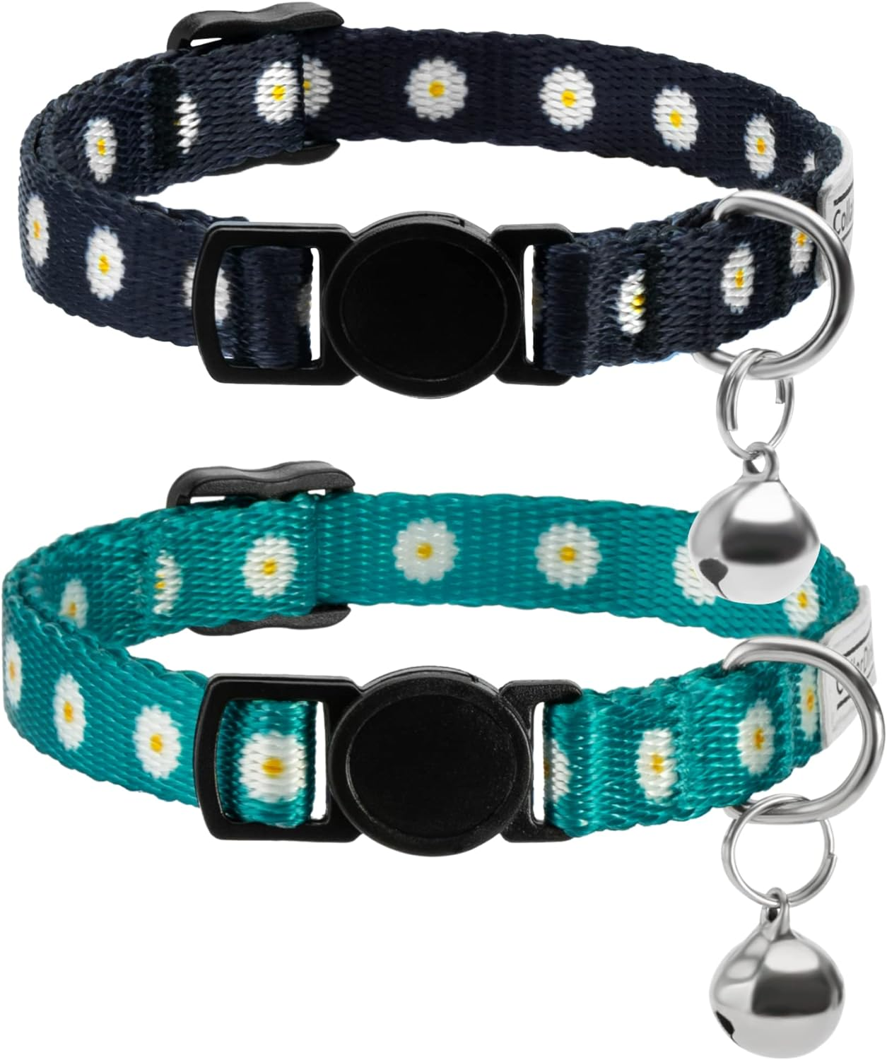 Collardirect Cat Collar with Bell Floral Pattern 2 Pack Set Flower Adjustable Safety Breakaway Collars for Cats Kitten (Black + Aqumarine) image number 5