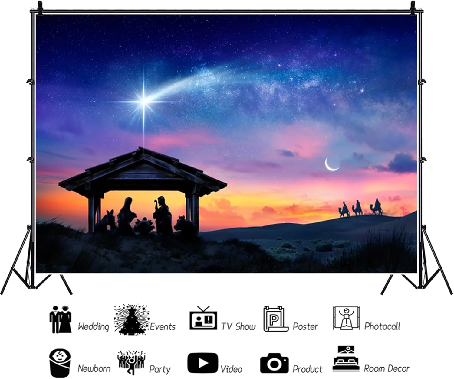 Renaiss 7X5Ft Birth of Jesus Backdrop Evening Manger Scene Photography Background Christmas Blue Starry Sky Holy Night Orange Sunset Banner Camel Desert Portrait Photobooth Banner Party Decorations image number 3