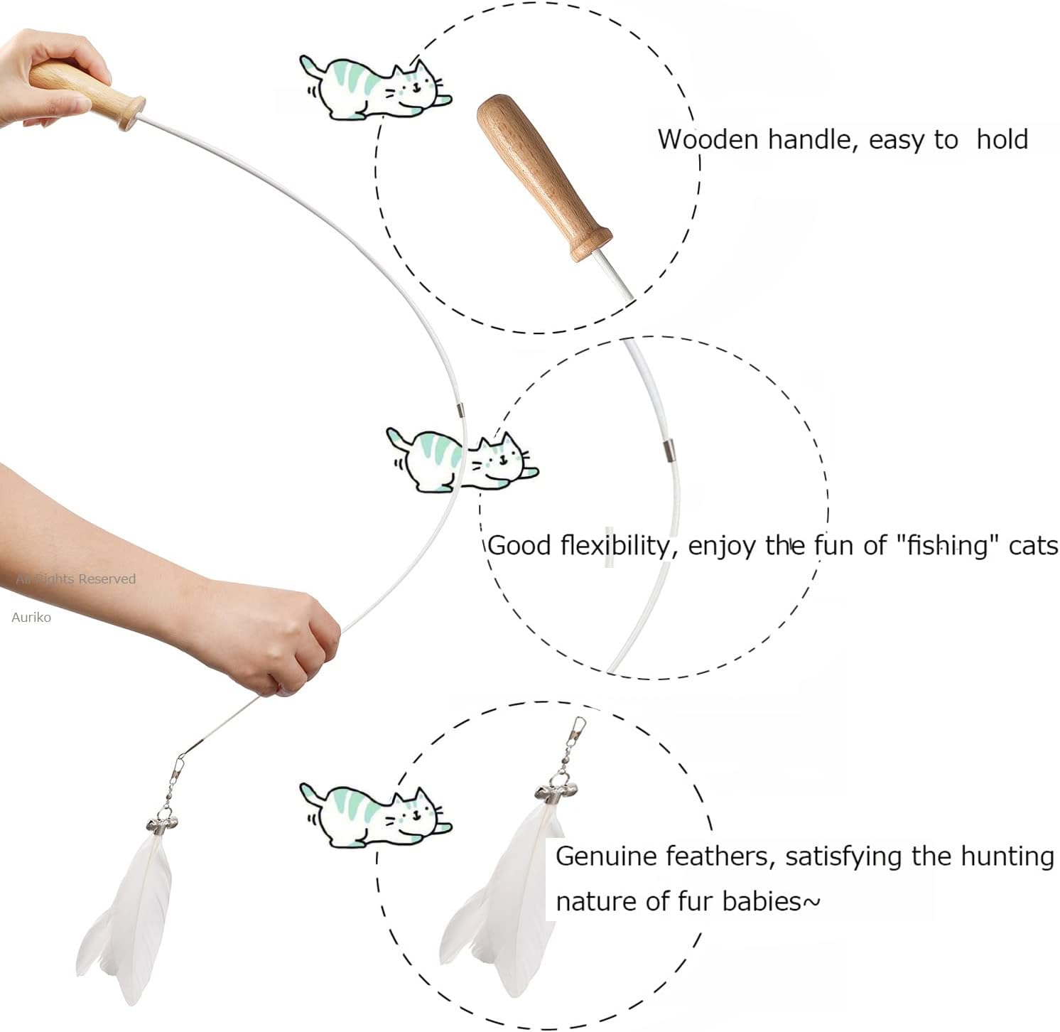 Cat Teaser Toy with Wooden Handle - Retractable Cat Teaser Wand with Natural Feather - Cat Interactive Toy for Indoor Cats - White image number 2