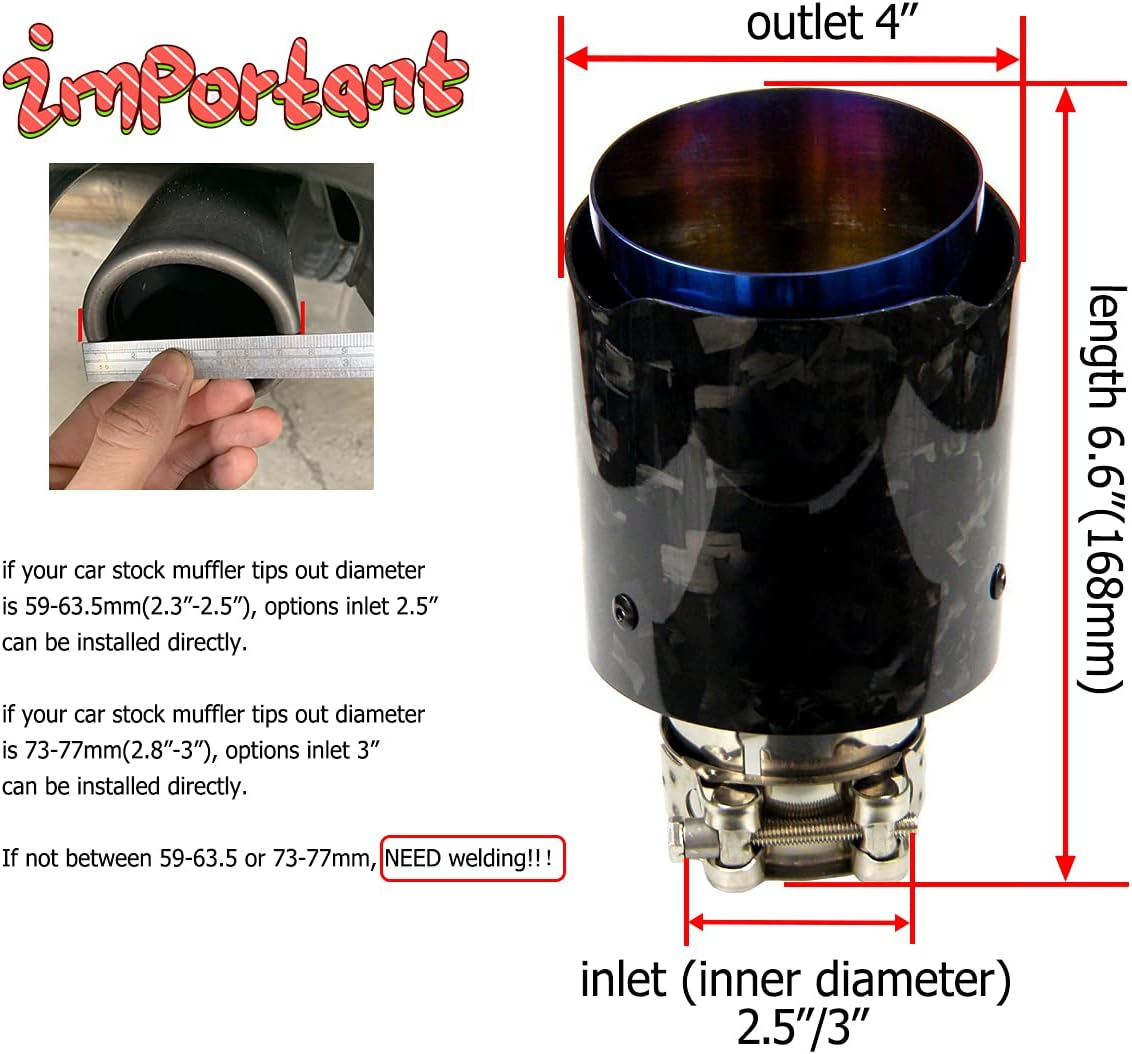 CARMON Car Forged Carbon Fiber Exhaust Pipe Muffler Tips with Blue Burnt 304 Stainless Steel 4Inch Outlet (Inlet 3&ldquo; Outlet 4&rdquo;) image number 4