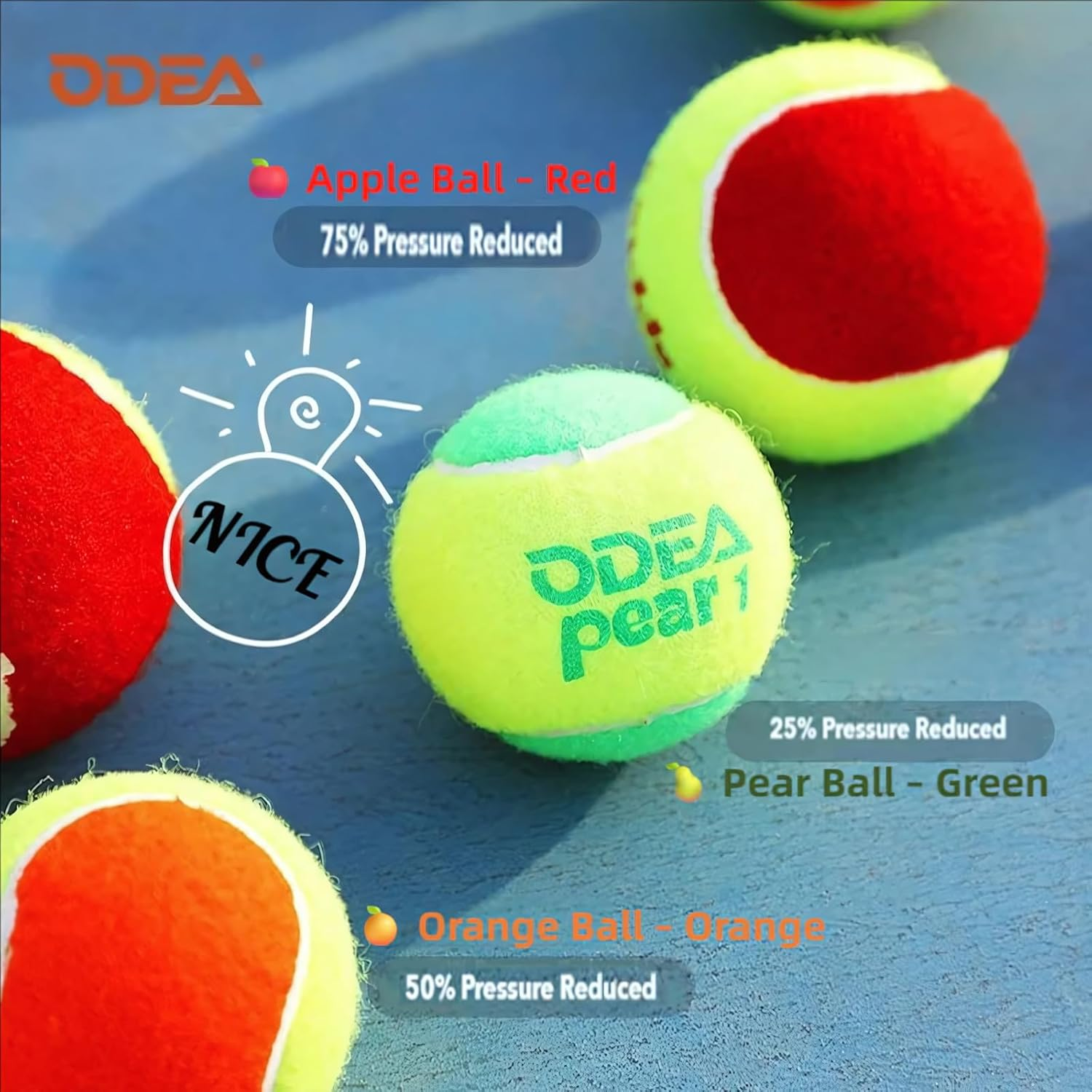 Odea Stage 3 Apple 3 Low Compression Tennis Balls - Slower Speed, Reduced Bounce, Ideal for Beginner image number 3