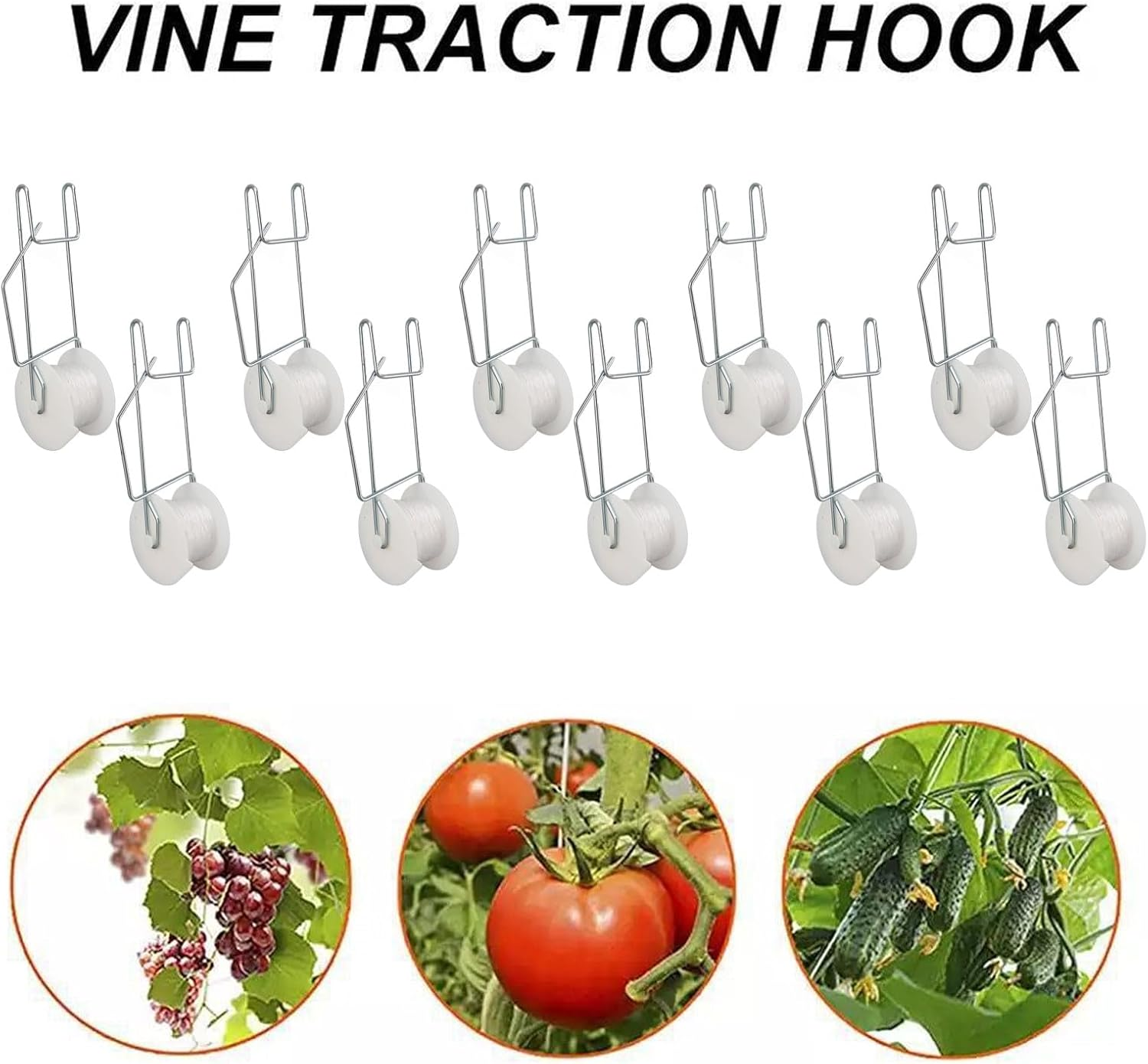 Tomato Trellis Roller Hooks, 10 Pcs Plant Support Hooks Galvanized Steel Wire PP Plant Roller Hooks for Tomato Flower Vine Twine Crop Trellis Kit