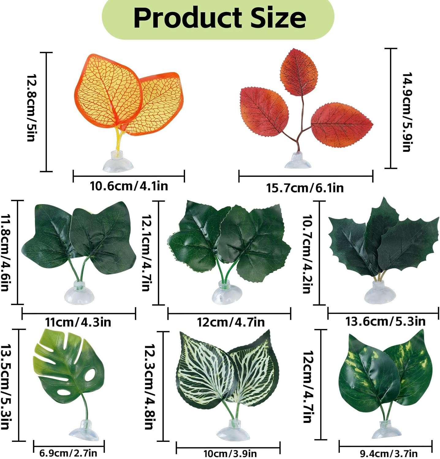 8Pcs Betta Fish Leaf Pad, Natural Habitat for Betta Spawning Grounds, Fish Tank Decorations, Plants Decor Accessories Leaf for Snake Bearded Dragon Lizard Tortoise (Green,Red,Yellow)