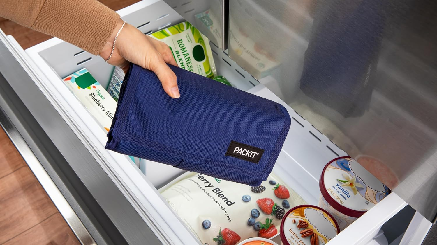 Packit Freezable Lunch Bag - Innovative Lunch Bag W/A Built-In Freezable Gel Liner for Cooling Power, Can Fold for Easy Storage, Easy Clip Handle, Perfect for Packing Meals & Snacks - True Blue - Sky Blue image number 5