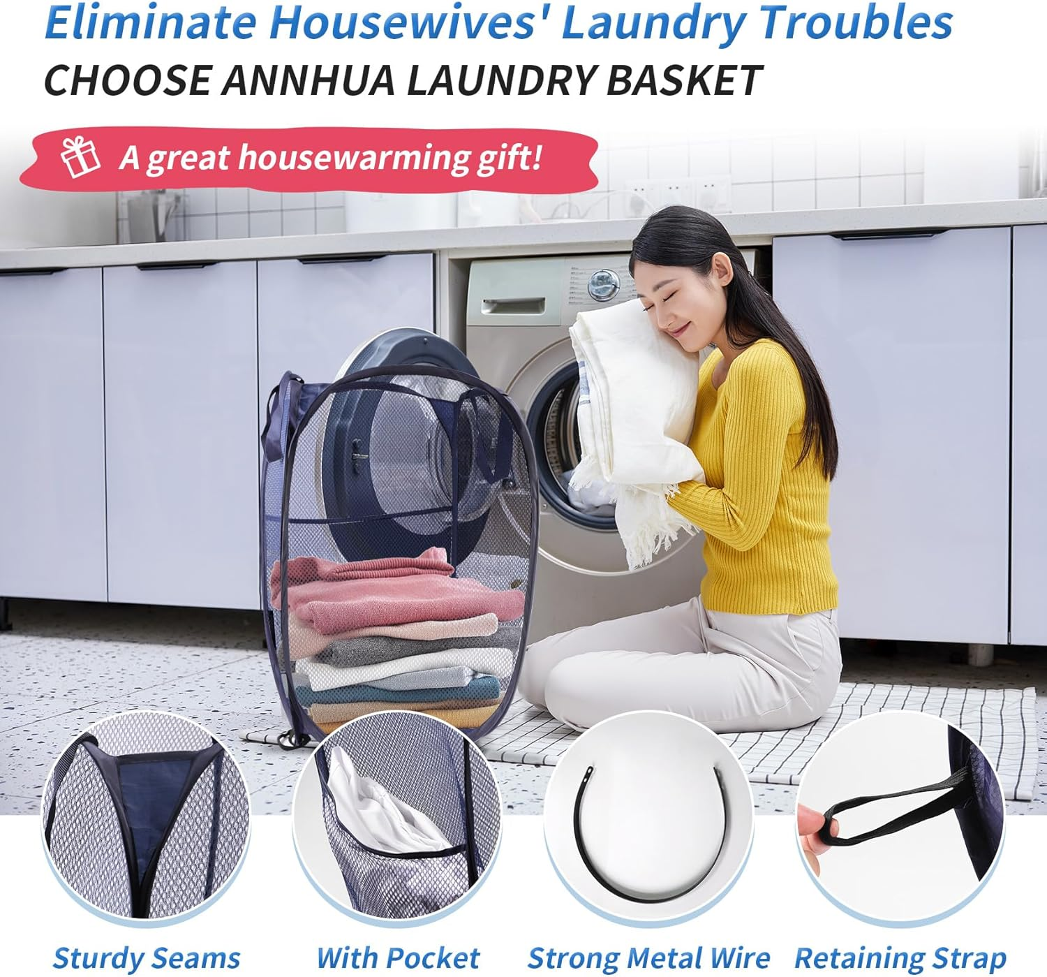 Annhua Collapsible Laundry Basket 75L Mesh Hamper with Handles, Portable Washing Bin with Square Opening for Home, Travel & Bathroom - Black image number 5