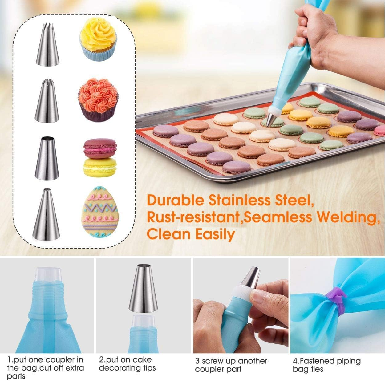 Silicone Baking Mat Macaron Mat Kit(14Pcs Set) Macaroon Baking Mat Set of 2 Half Sheet Macaron Silicone Mat Nonstick Macaron Mat Sheet,6 Piping Tip,2 Piping Bag with 2 Bag Half Quarter Sheet Brown+Purple image number 5