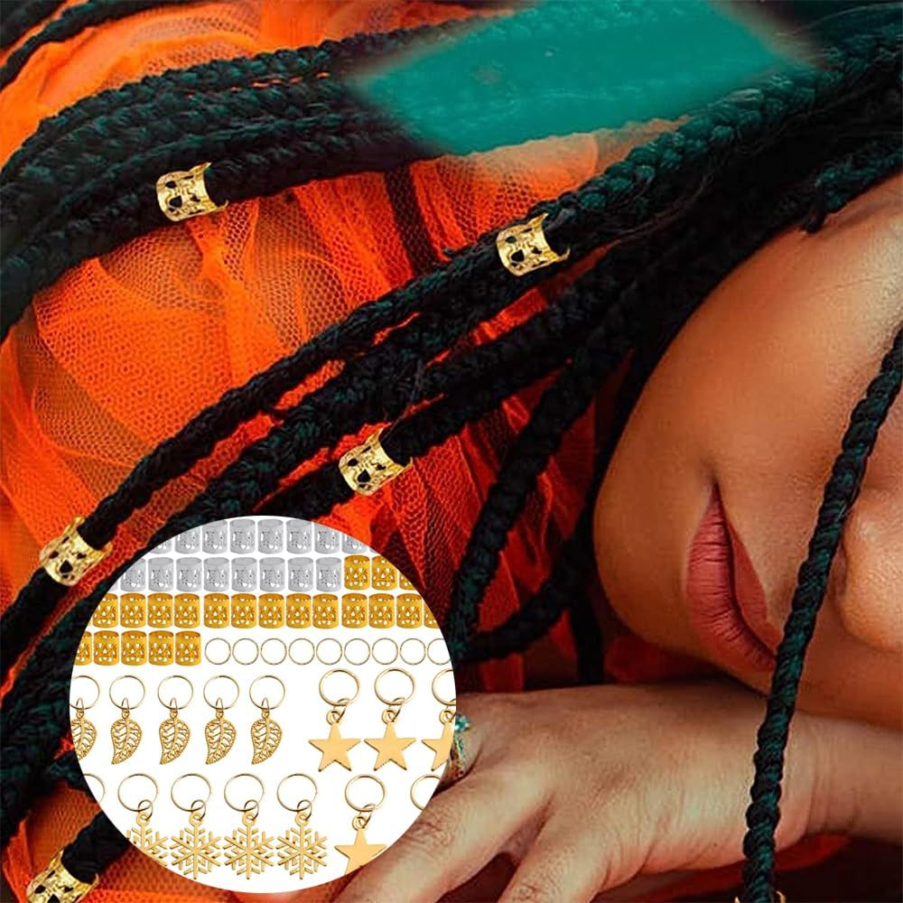 7 Styles Hair Jewelry Beads,80Pcs Dreadlocks Beads Metal Cuffs Hair Braid Rings Pendants Braiding Clips Hair Decorations Braids Accessories image number 5
