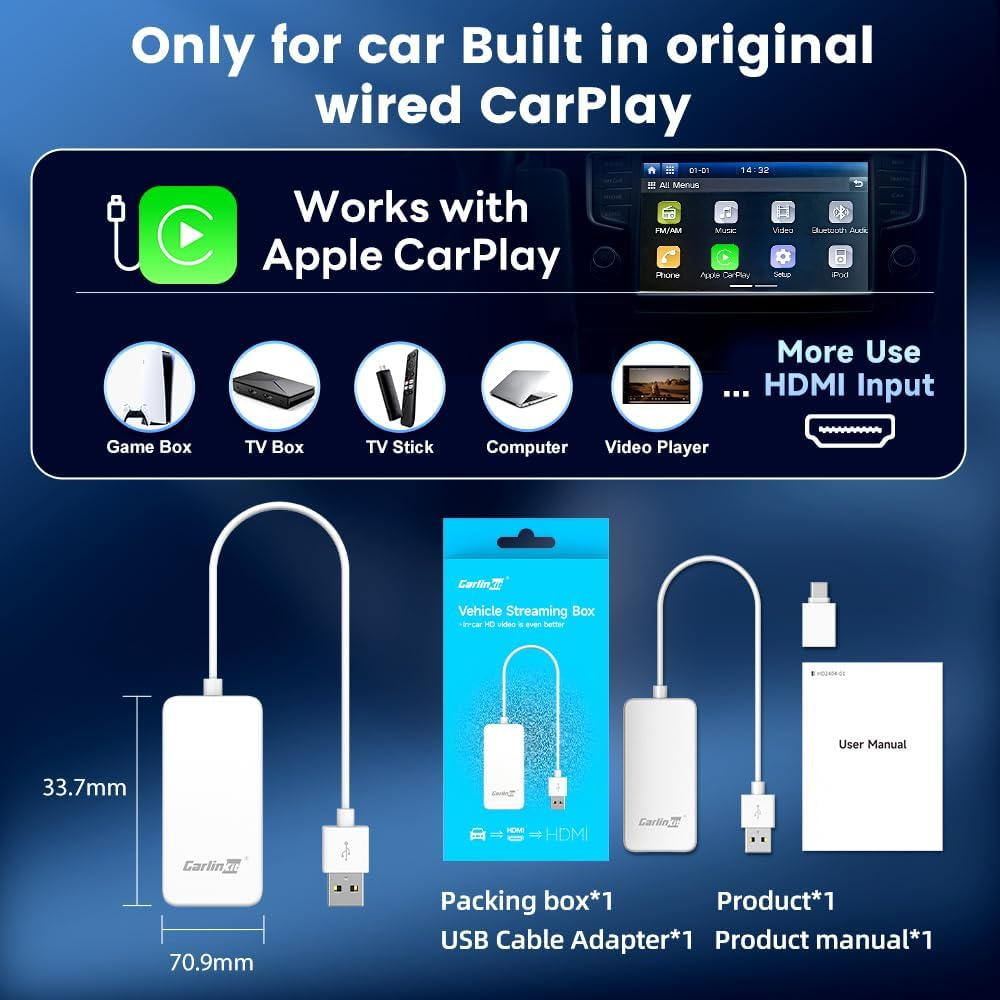 Carlinkit HD2CP Car TV HDMI Adapter, HDMI Adapter for Car, Hdml Multimedia Adapter for TV Stick/Game Machine/Dvd/Set-Top Boxes, Plug & Play, Support HD Videos, Only Fit for OEM Wired Carplay Cars image number 5