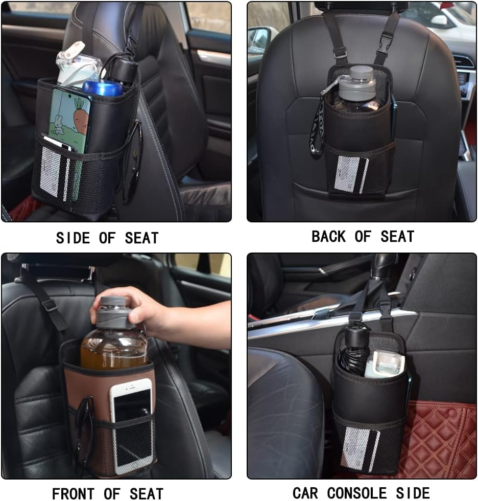 2 in 1 Large Cup Holder, 80 Oz Auto Water Bottle Holder Bag, Bottles & Big Drinks. Hanging Multi-Function Mini Car Seat Side Organizer, Phones, Stuff Holder with Mesh Pocket for Cars, SUV & Truck - Brown image number 4