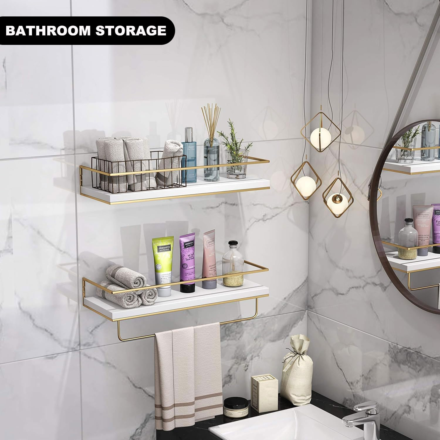 Floating Shelves Set of 2, Wall-Mounted Wooden Shelves with Golden Towel Rack, Decorative Storage Shelves for Bathroom, Kitchen, Living Room, Durable & Stylish