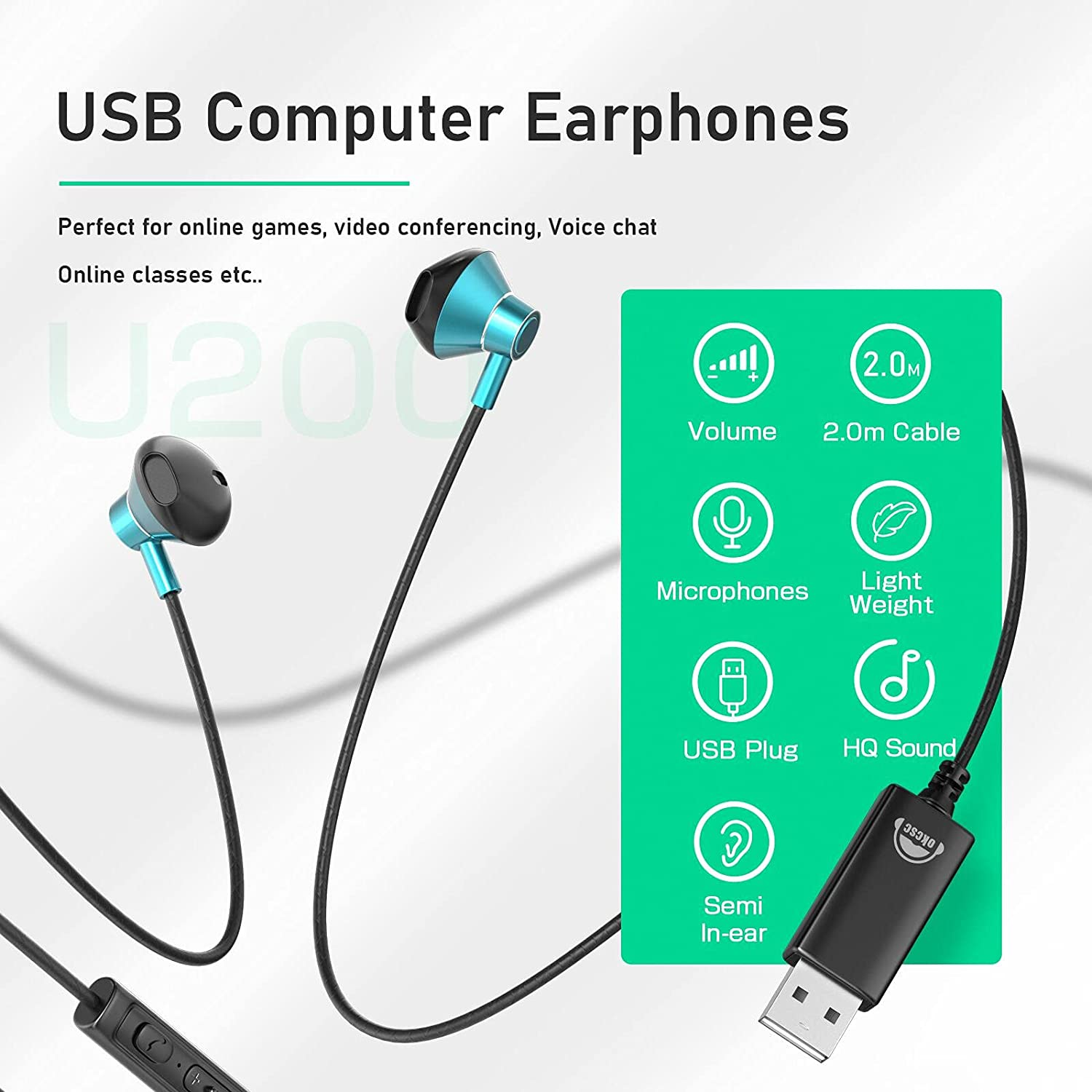 USB Headset with Microphone for PC, OKCSC U200 Wired USB Earbuds Noise Cancelling Lightweight PC Headset for Laptop Desktop Office Live Stream Online Meeting 2 M Green - Green image number 2