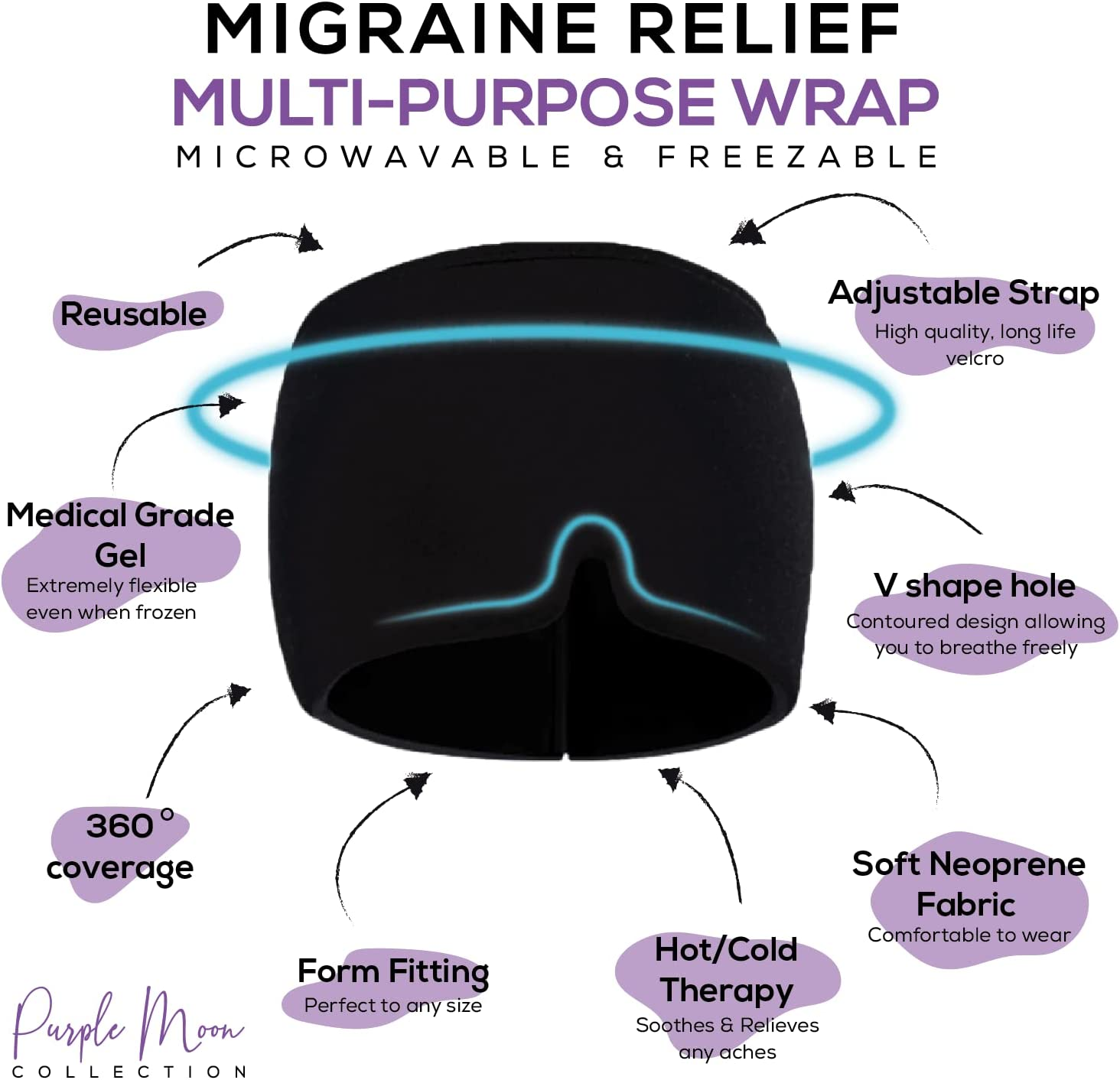 PMC Migraine Relief Cap &ndash; Completely Adjustable Headache Hat That Fits Any Body Part - Flexible Compression, Use Hot or Cold - Migraine Ice Head Wrap, Gel Infused Icepack That&rsquo;S Family Friendly