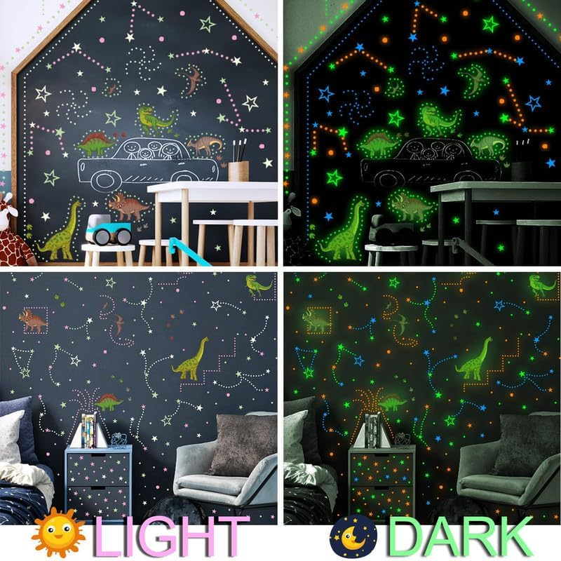 925Pcs Glow in the Dark Dinosaur Wall Decals Removable DIY Glowing Blue Green Yellow Stars and Dots Wall Stickers PVC Peel and Stick Fluorescent Luminous Wall Decor for Kids Bedroom Baby Boys image number 2