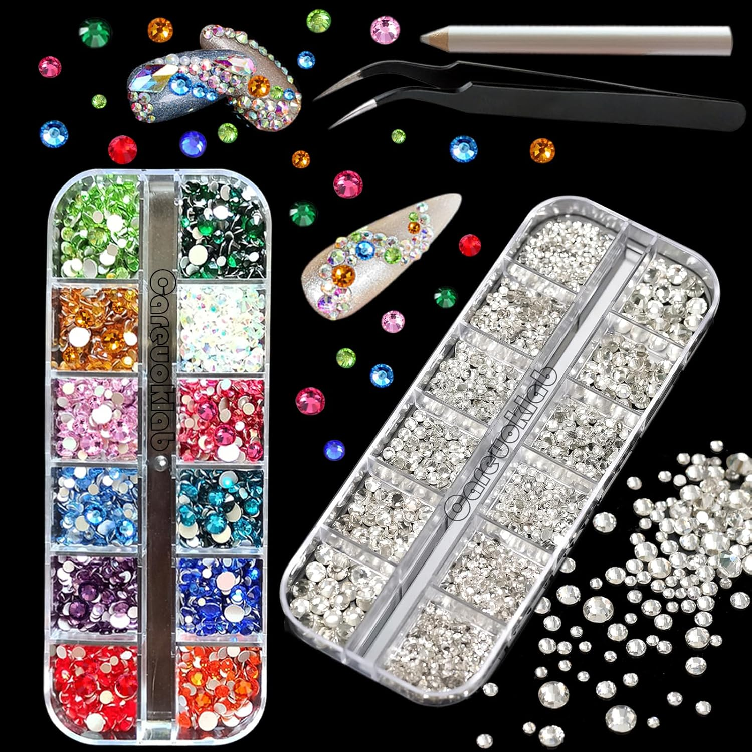 2 Boxes Colorful Glass Crystals of Flatback Rhinestones, Multi Sizes 3D Nail Art Gems Stones for Nails Crafts and DIY Decoration (Multicolor + Crystal AB)