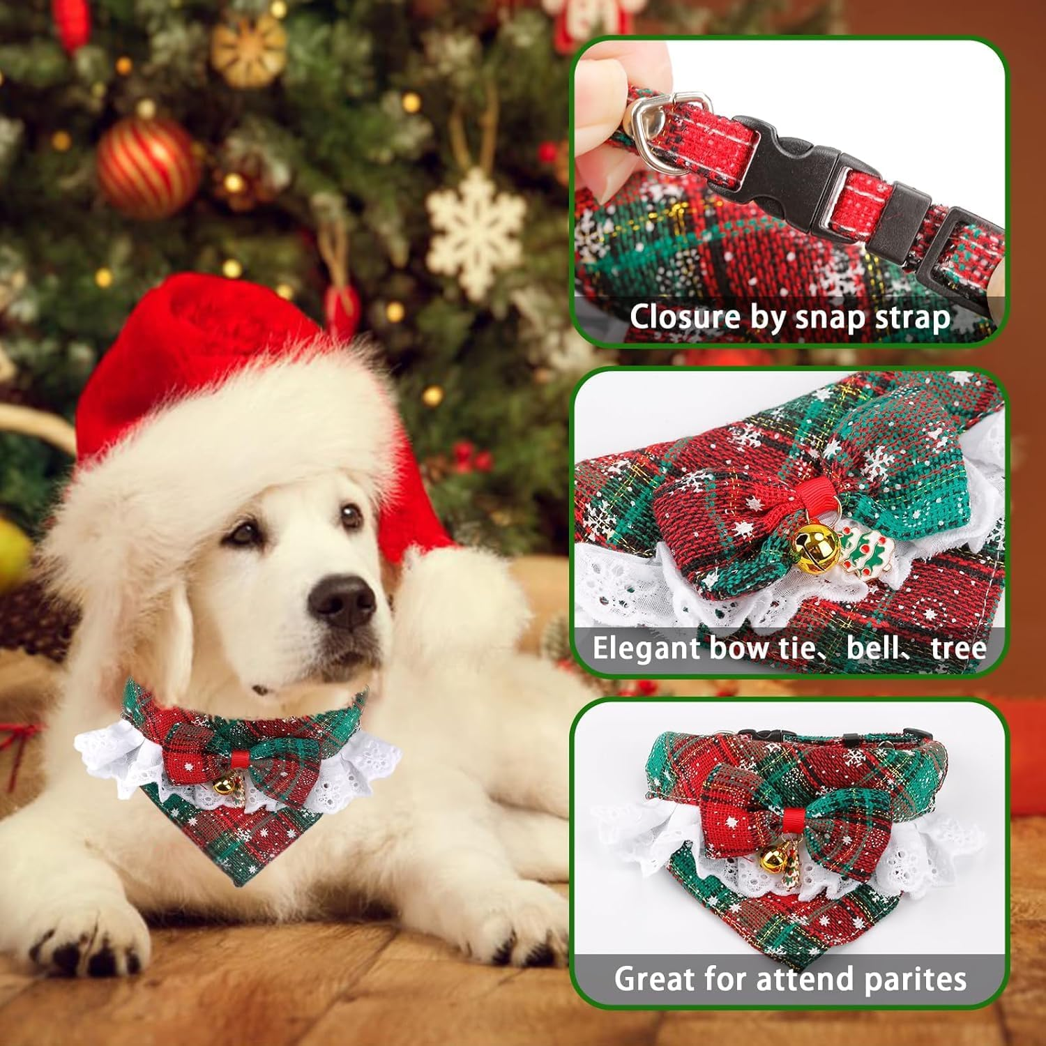 Adjustable Christmas Dog Cat Bandana Collar, Cotton Red Green Plaid Dog Cat Scarf Triangle Bibs Kerchief with Bow Tie Bell for Small Medium and Large Cats Dogs (Cw2073Lv, S) image number 4