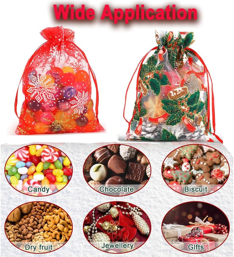 Christmas Organza Bags， 4X6 in Christmas Pouches for Wedding Favor Bags Valentine'S Day Christmas Birthday Easter Party Jewellery Candy Gift Packing image number 2