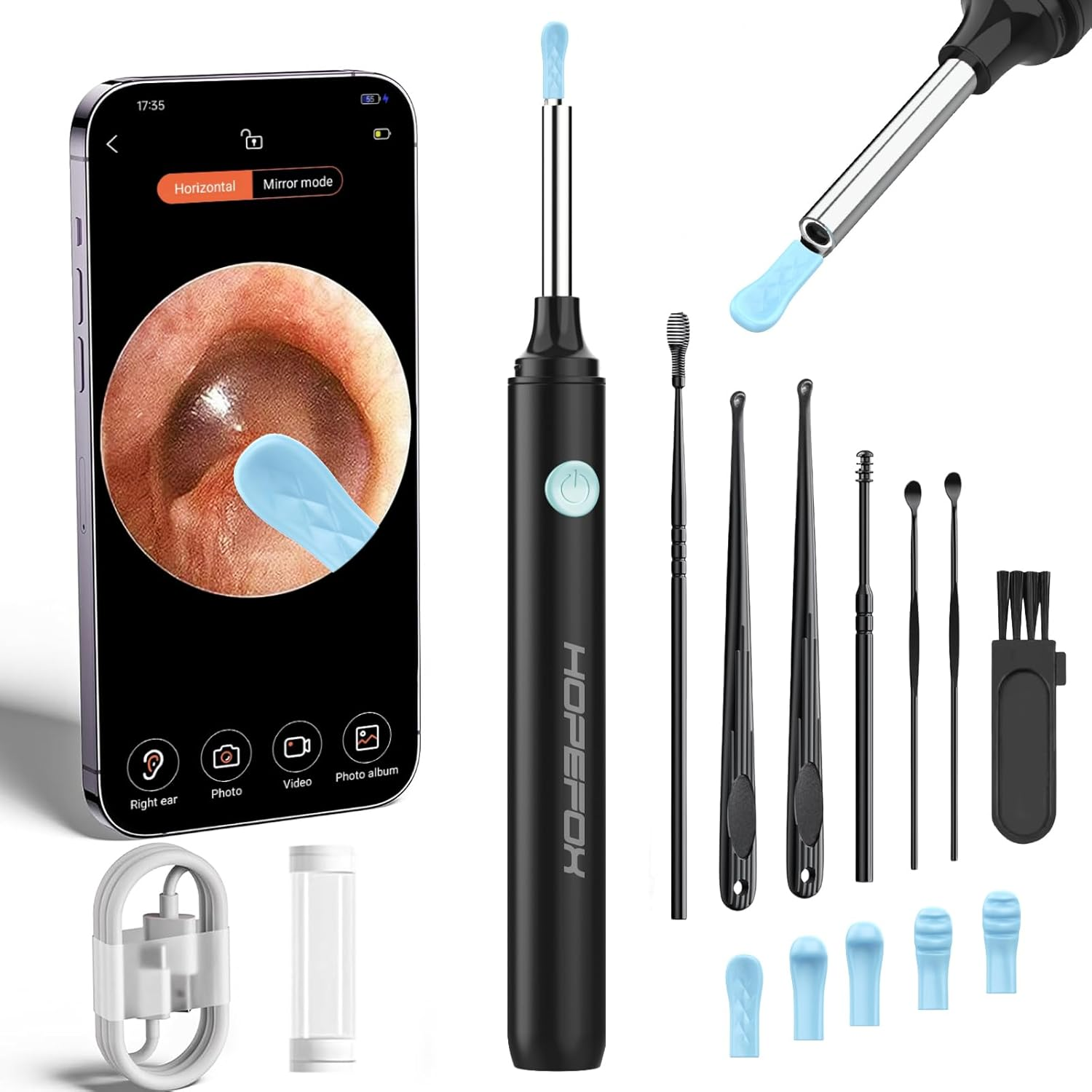 Ear Wax Cleaner with Camera - Ear Camera with 1080P, Ear Wax Removal Kit with 6 Silicone Tips and 7 Accessories, Ear Cleaner Camera with 6 LED Lights, WIFI Otoscope for IOS & Android (Black) image number 1