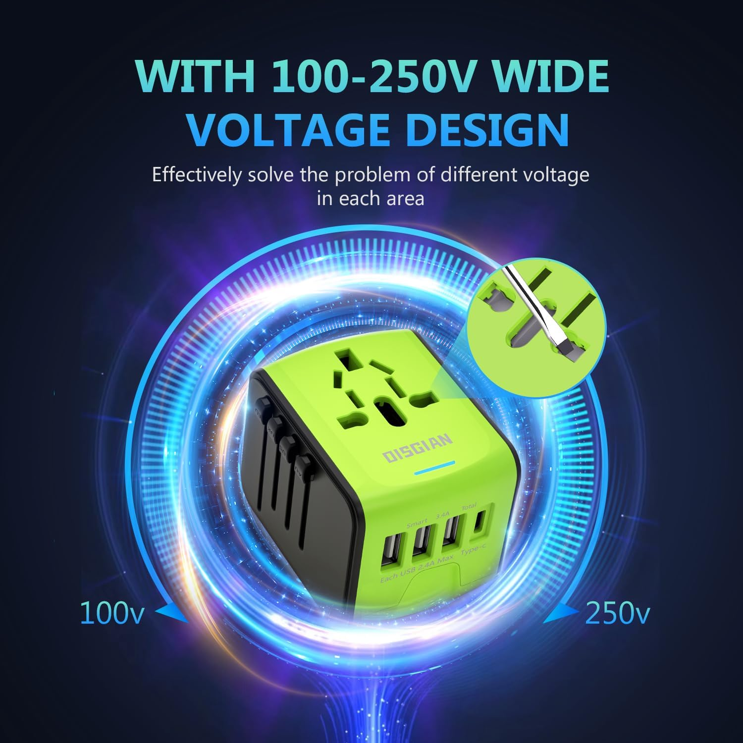 Travel Adapter, Universal International Power Adapter with 3USB Port and Type-C International Wall Charger Worldwide AC Power Plug for Multi-Nation Travel UK, EU, AU over 200 Countries (Green) image number 6