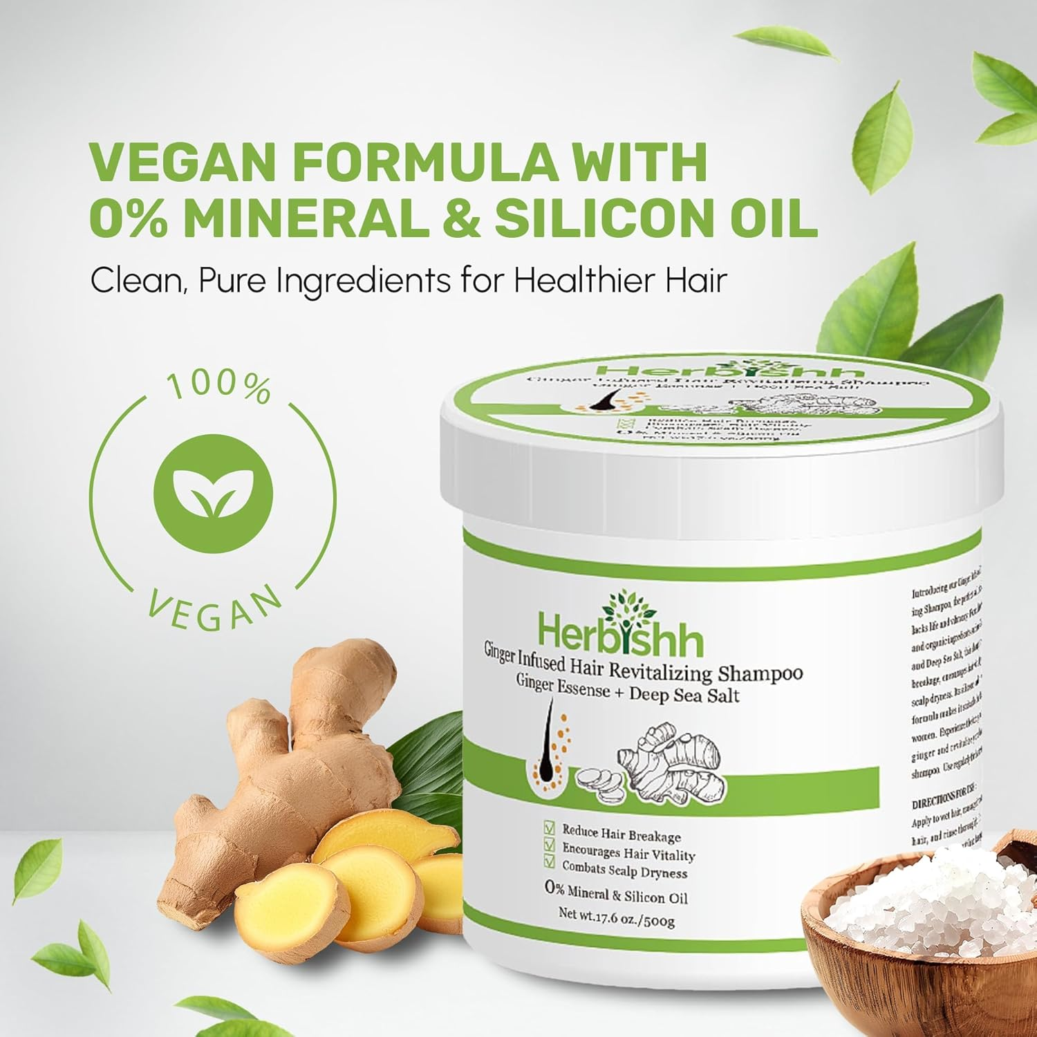 Herbishh Ginger Hair Revitalizing Shampoo Jar with Deep Sea Salt &ndash; anti Dandruff Shampoo for Weak, Brittle Hair & Dry Scalp &ndash; Boosts Hair Growth & Free from Mineral & Silicon Oil, 500 G/17.6 Oz image number 6