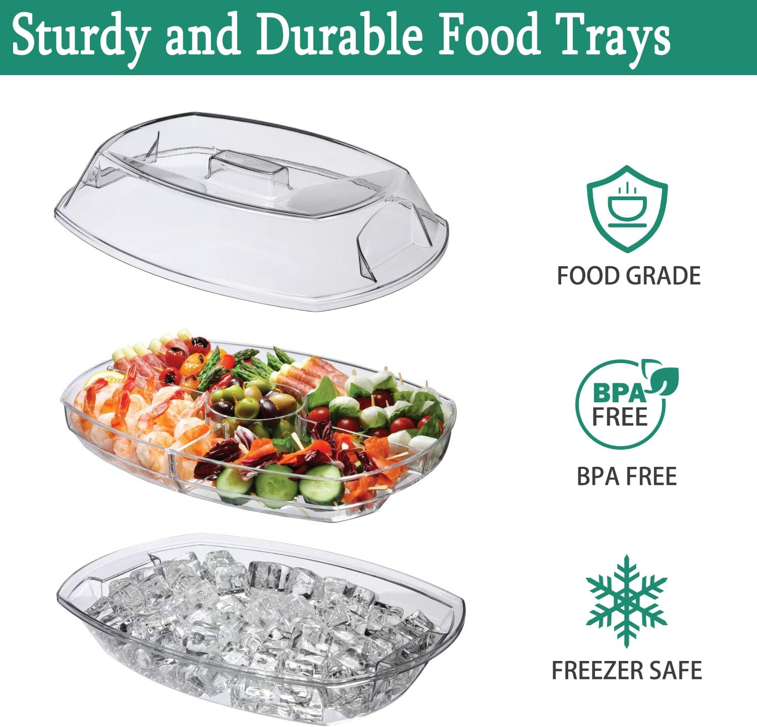 Divided Serving Tray with Lid, Large Serving Platter on Ice Serving Trays for Party with 3 Compartments and Dipping Bowl, Veggie, Fruit, Cheese, Salad, Sushi, Appetizer Trays for Serving Food image number 4
