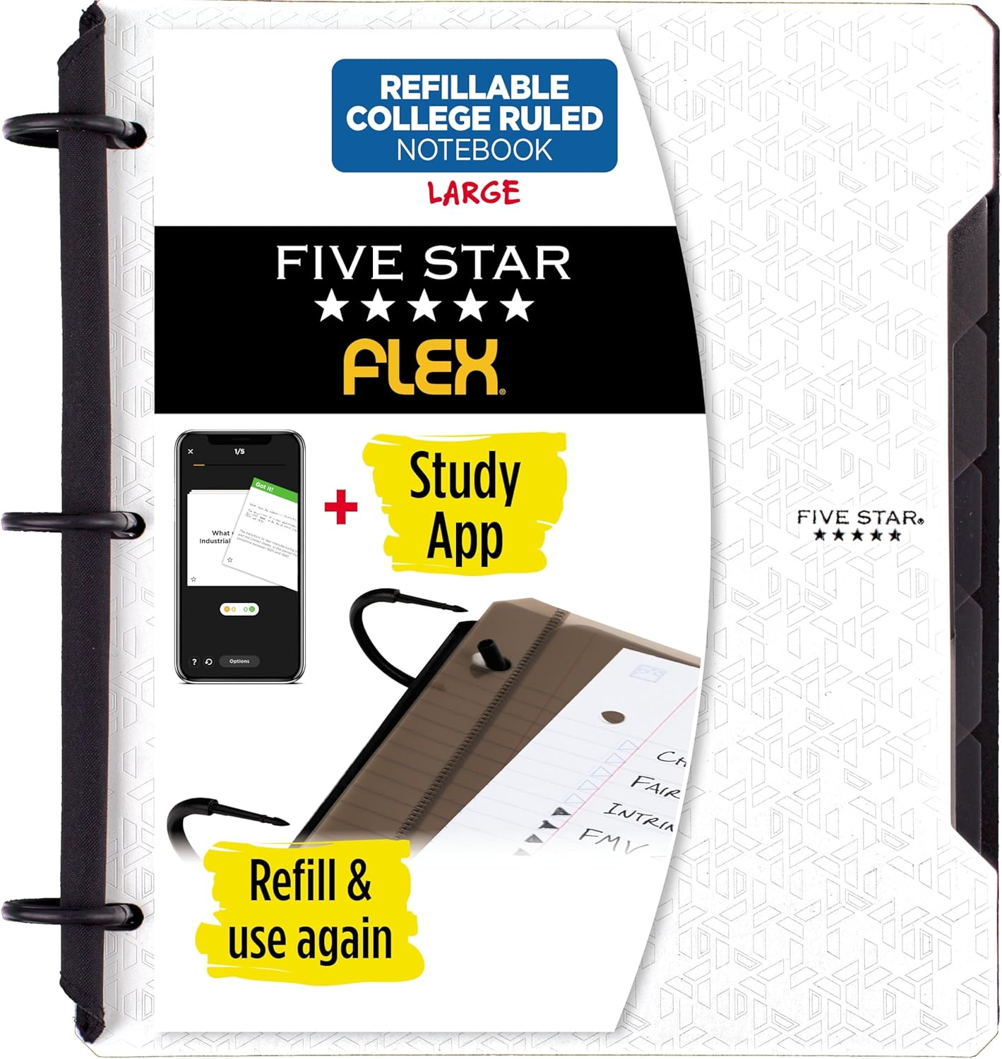 Five Star Flex Refillable Notebook + Study App, College Ruled Paper, 1 Inch Techlock Rings, Pockets, Tabs and Dividers, 200 Sheet Capacity, White (29328AE2) image number 5