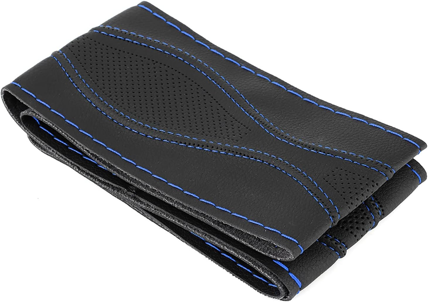 38Cm/15In Leather Steering Wheel Wrap Cover Lace Up, Steering Wheel Stitch on Wrap Cover Universal, Hand Stitching Embossing with Thread, a Whole Piece of Cowhide, Black (Black Blue) image number 5