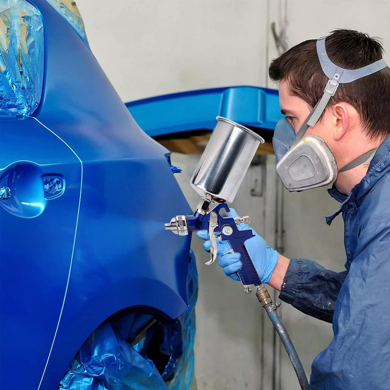 Automotive Paint Spray Gun Set, HVLP Gravity Feed Spray Gun with 1.4Mm 1.7Mm 2.0Mm Nozzles, Paint Gun with 1000Cc Aluminum Cup & Gauge for Auto Paint, Clear/Top Coat & Touch-Up (Blue-B) - Blue image number 2