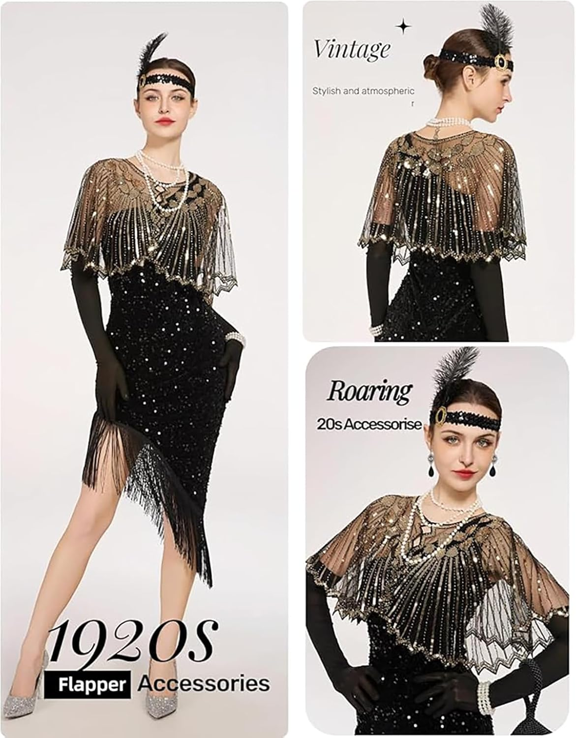 1920S Flapper Gatsby Accessories Costume Set Fashion Roaring 20'S Cosplay Theme Set with Headband Headpiece for Women Men - Womens, Black Gold image number 2