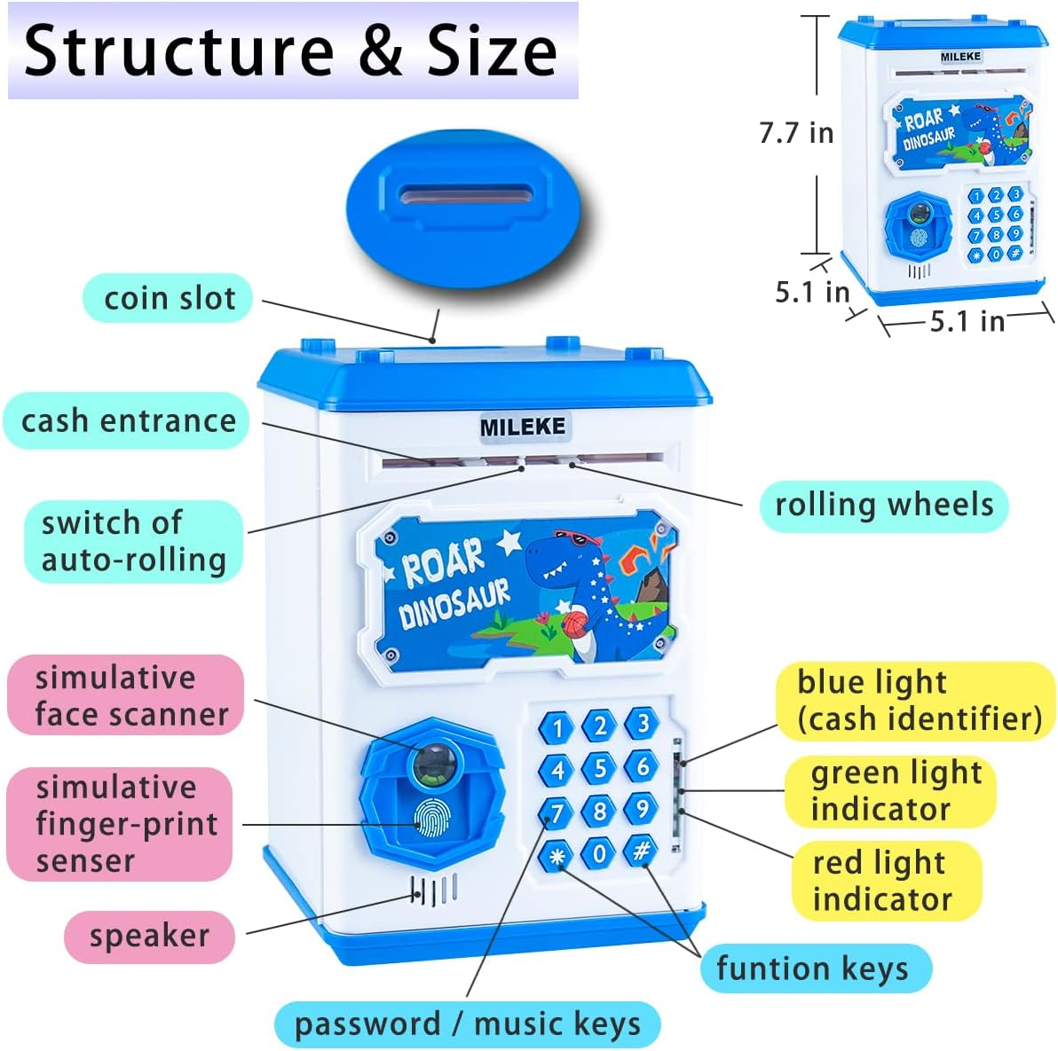 MILEKE Electronic Piggy Bank for Kids Toys, Password + Fingerprint/Face Recognition, ATM Money Bank, Auto Roll-In Cash Safe & Coin Saving Bank, Blue Dinosaur image number 4