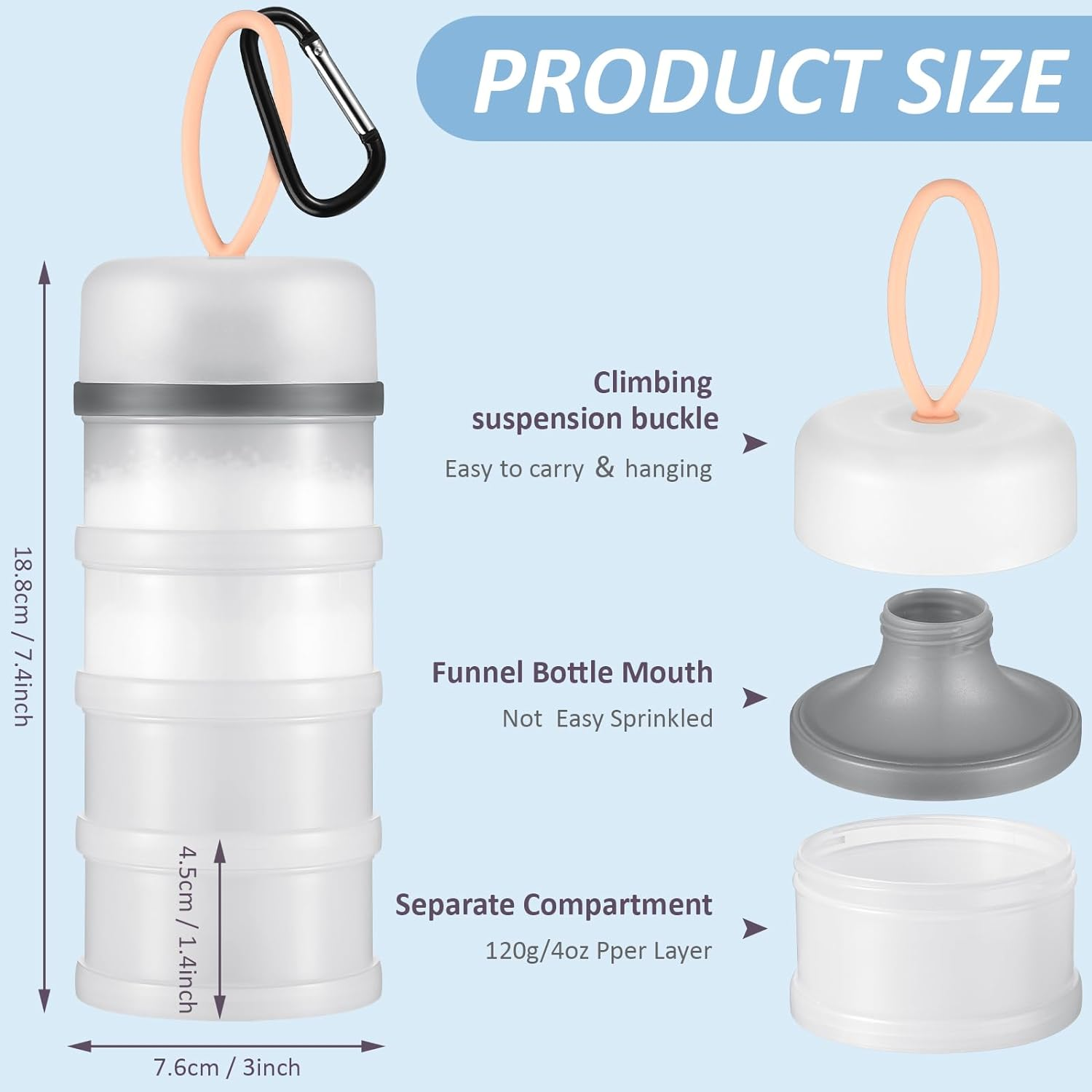 Baderke 2 Pcs Protein Container with Funnels Stand, 4 Stackable Leakproof Dispenser, Portable Keychain Container for Workout, Fitness, Travel (Gray, White) image number 3