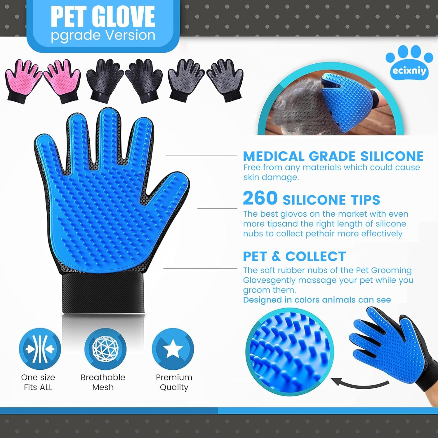 【Ecixniy】Pet Grooming Gloves,One Pair Gentle BPA Free Dog Washing Glove,Pet Hair Remover,Cat Brush Fur Removal Groomer for All Pet Hair Removal Needs-For a Clean Home & Happy Fur Babies（1Pair Black） image number 6