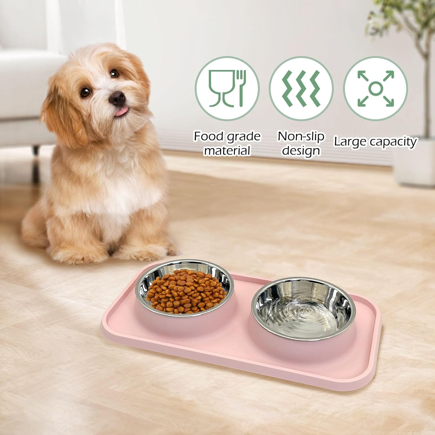 BNOSDM Double Dog Food Bowls Stainless Steel Dog Food and Water Bowls with Non-Spill Plastic Mat Pet Cat Feeder Bowl Set for Puppy Cats Kitten Small Dogs, Dark Green - Green image number 5