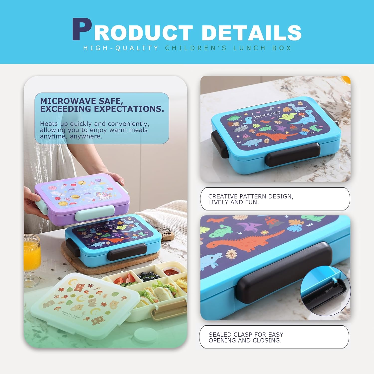 STRONGBERRY Kids Lunch Box, Healthy and Microwave - Safe, Dinosaur Parade, Purple Unicorn, Brown Bear Designs (Blue Dinosaur& Bag) image number 1