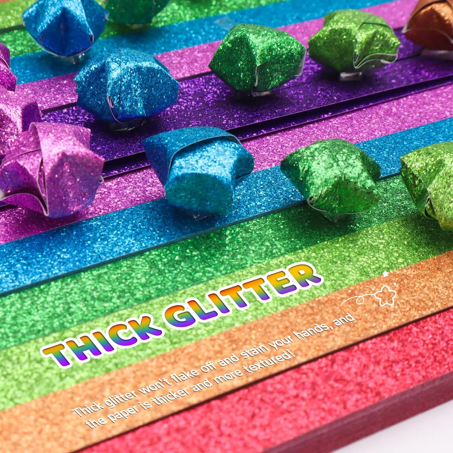 520 Sheets Glitter Origami Star Paper, 7 Colors Single Sided Paper Strips, Colourful Decoration Lucky Star Folding for Art Crafts Gift DIY Supplies image number 3