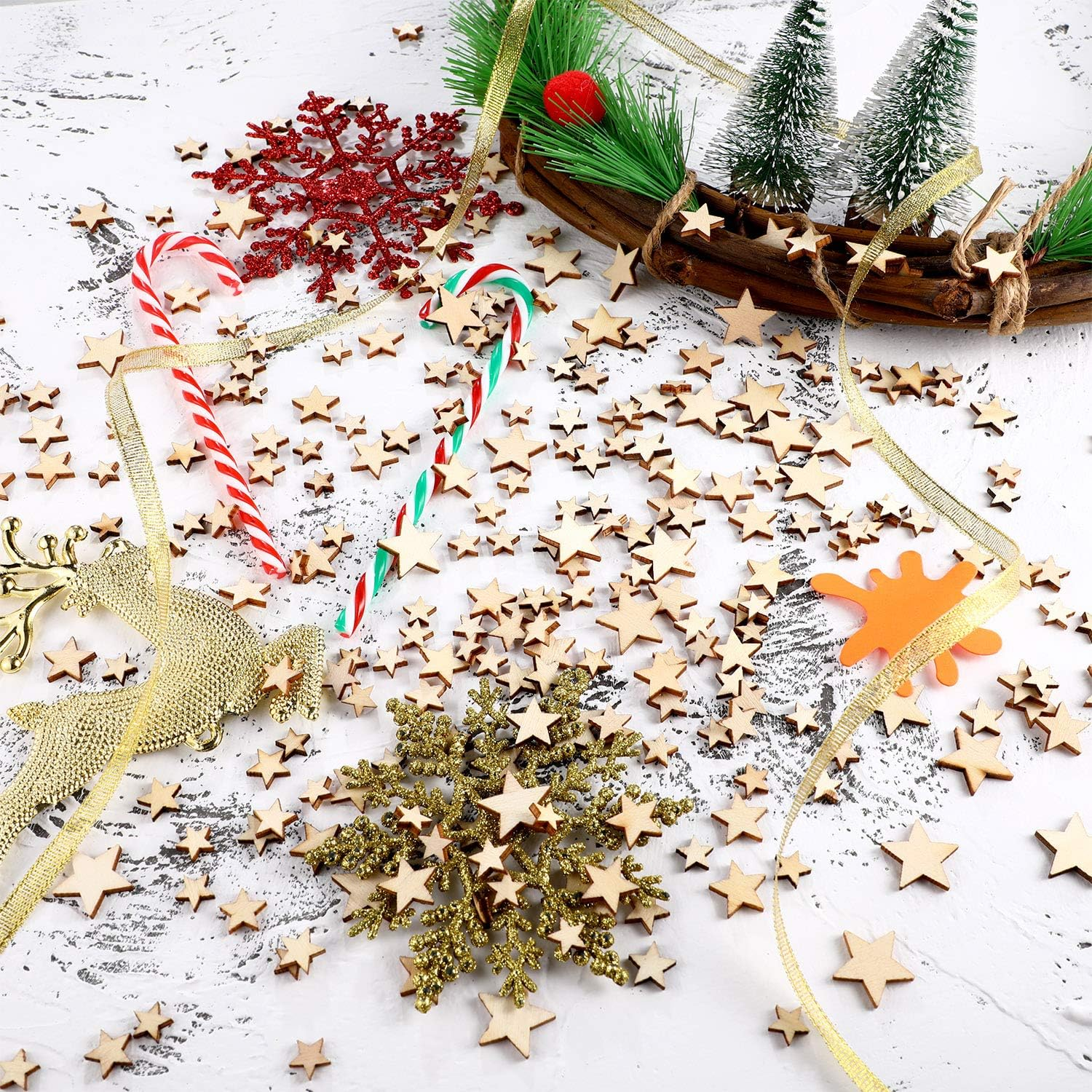 BBTO 400 Pieces Mini Wooden Stars for Crafts Mixed Size Bulk Small Wood Stars Cutout Ornaments Slices Embellishments Tags for DIY Crafts Wedding Party Christmas Decoration image number 2