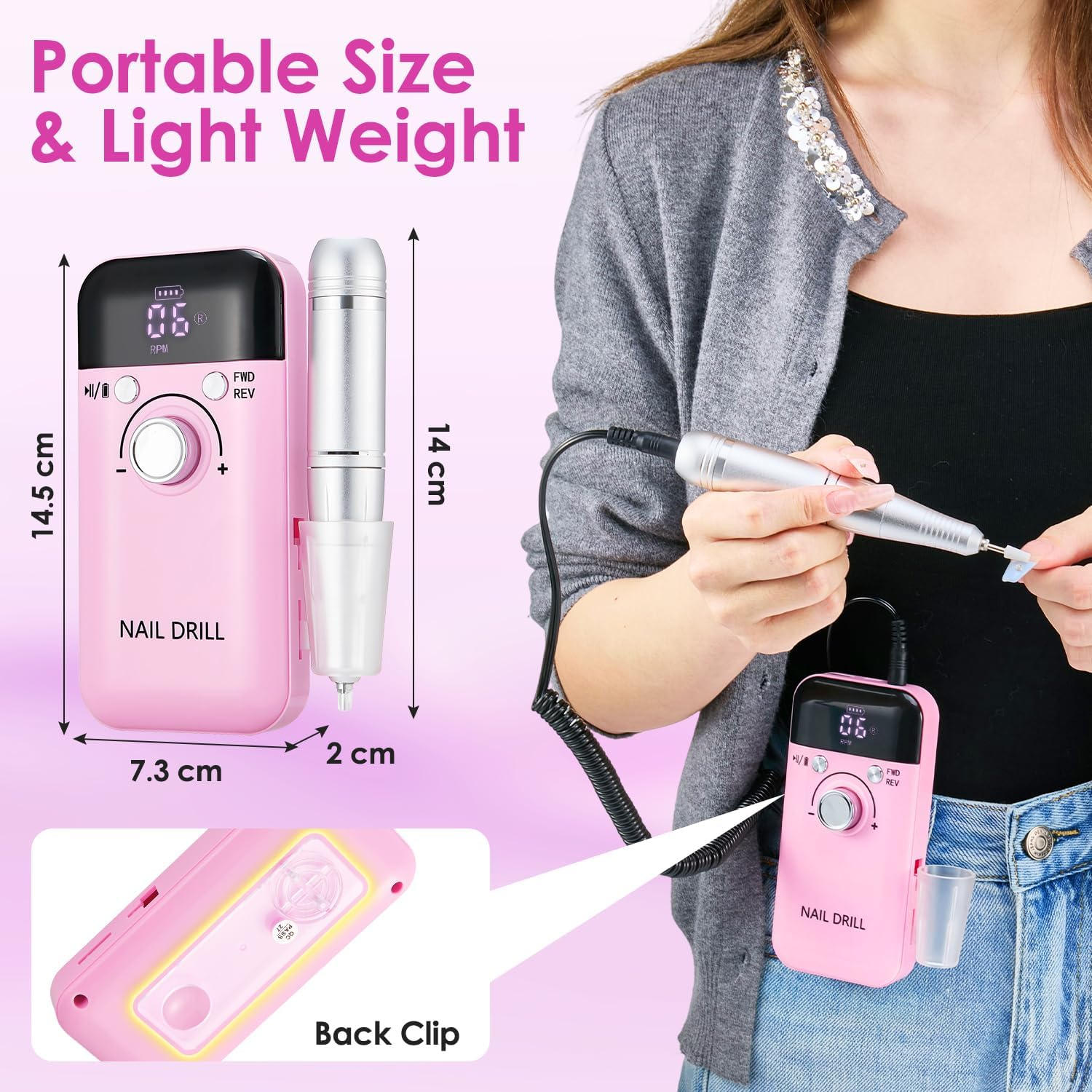 AUTOWT Portable Electric Nail Drill Professional with LED Display, Rechargeable 45000RPM Electric Nail File with 11 Nail Drill Bits, Low Noise, Low Vibration for Manicure Pedicure Salon Home (Pink) image number 6