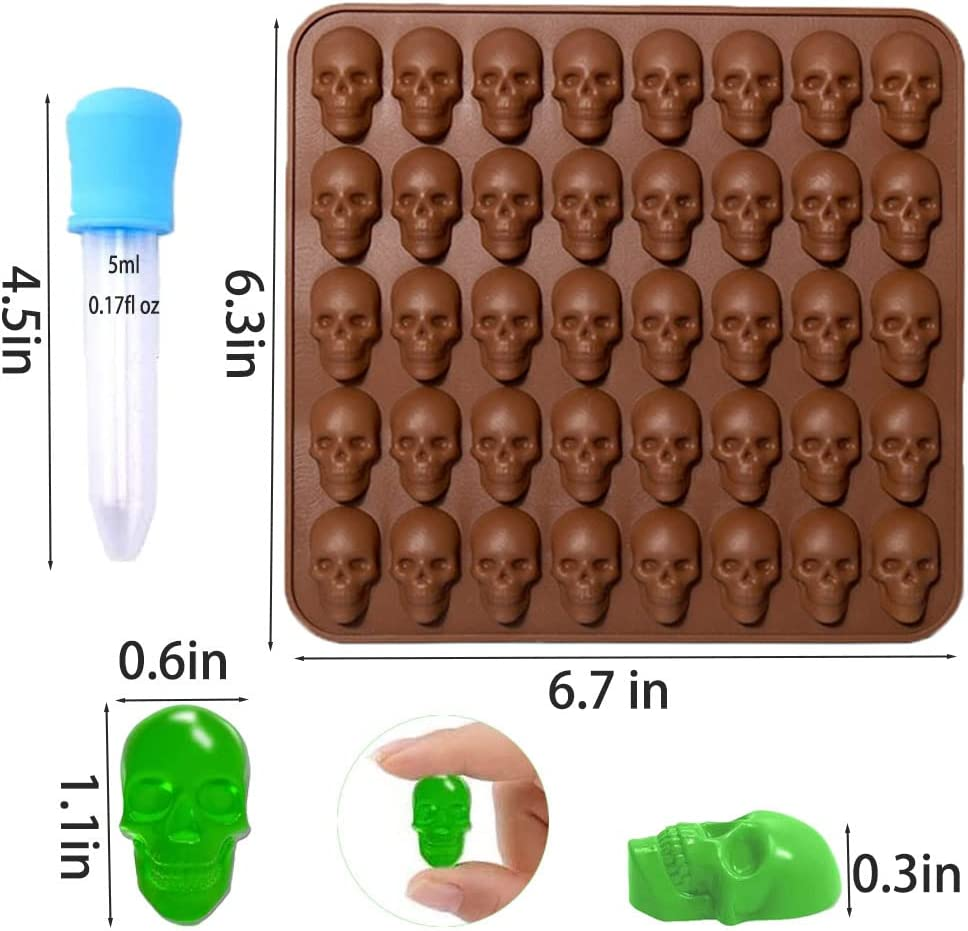 Gummy Skull Candy Molds,3-Pack 40 Cavity Silicone Skull Chocolate Molds with 2 Droppers for Halloween Gummy,Candy,Jelly,Chocolate,Ice Cube image number 4