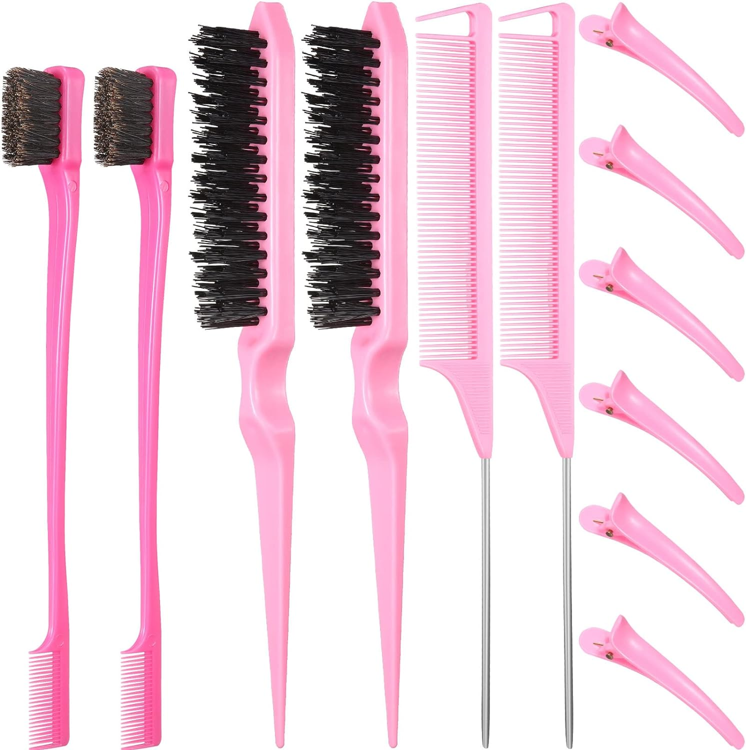 Remerry 12 Pieces Hair Brush Set, Nylon Teasing Hair Brushes 3 Row Salon Teasing Brush, Double Sided Edge Smooth Comb Grooming, Rat Tail Combs with Duckbill Clips for Women(Pink) - Blue image number 3