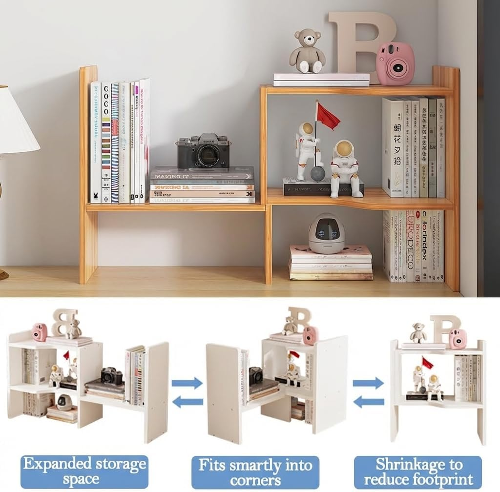 Joiena Desktop Bookshelf Desk Storage Organizer Adjustable Wood Bookcase Desktop Display Shelf Stand Rack with Cabinet Office Supplies (Wood, without Door) - With Door, Brown image number 3