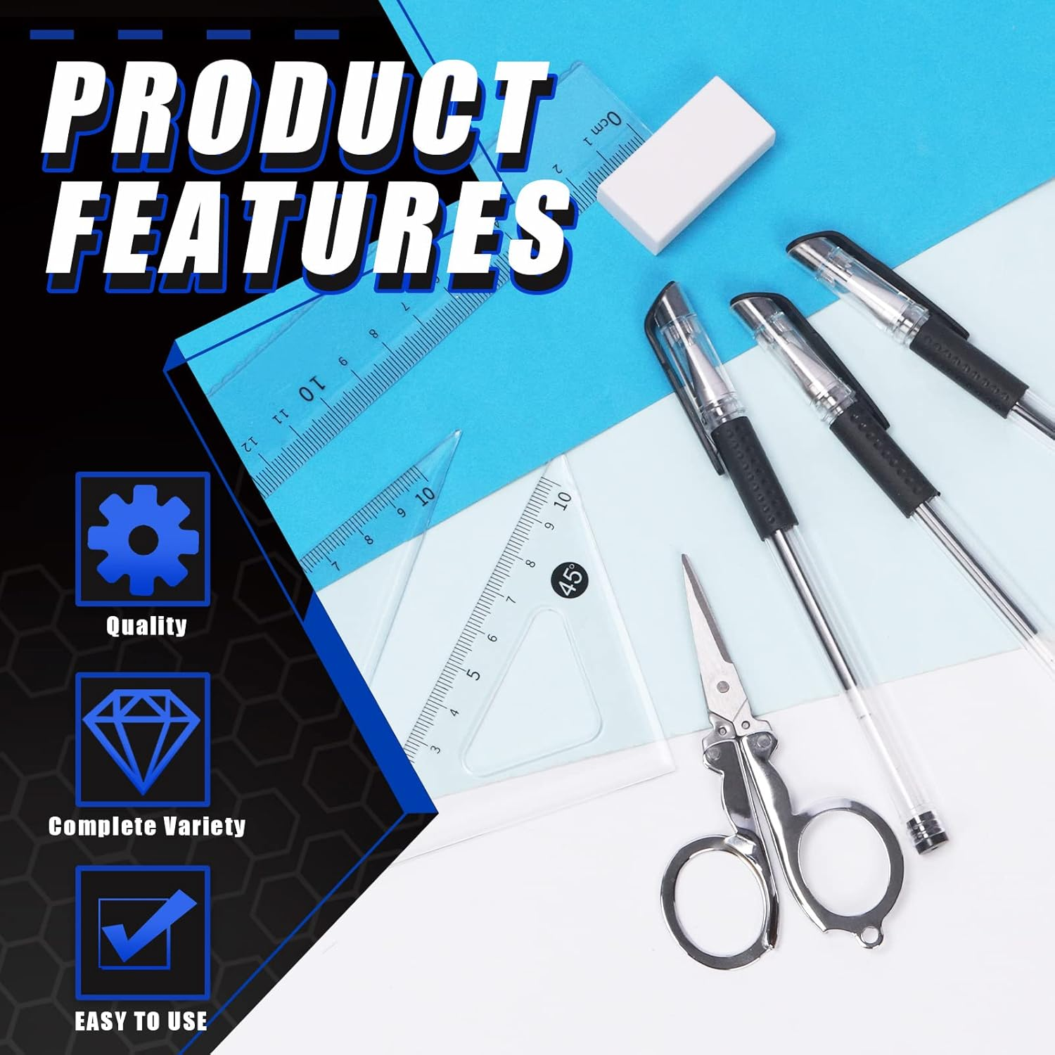 Glarks 19Pcs Multi-Purpose Pencil Case School Stationery Set Includes Large Capacity Pen Pouch Bag, Mechanical Pencil, Lead Refill, Gel Ink Pen, Scissors, Ruler, Sharpener, Eraser for School Supplies image number 3