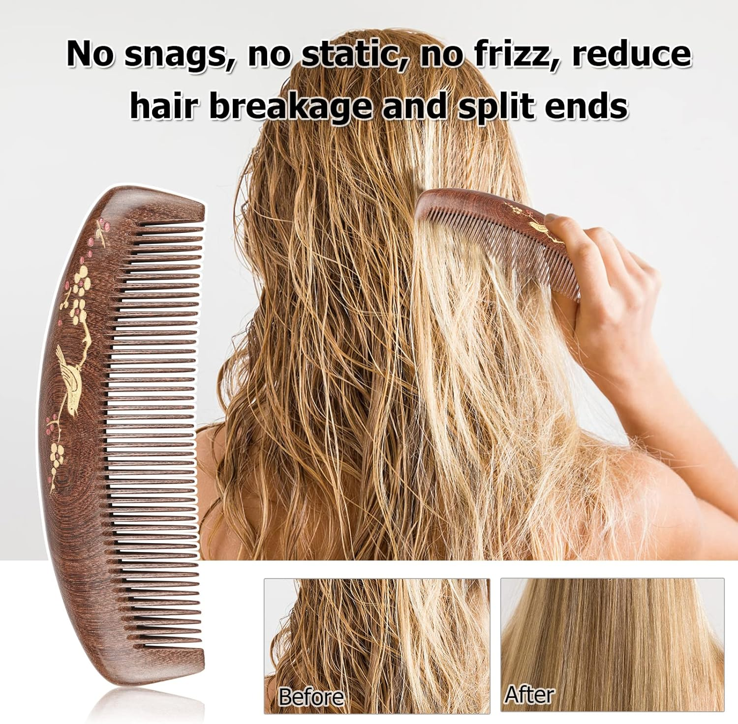 Wooden Hair Comb Fine Tooth Wood Comb for Women No Static Natural Detangling Lwood Comb