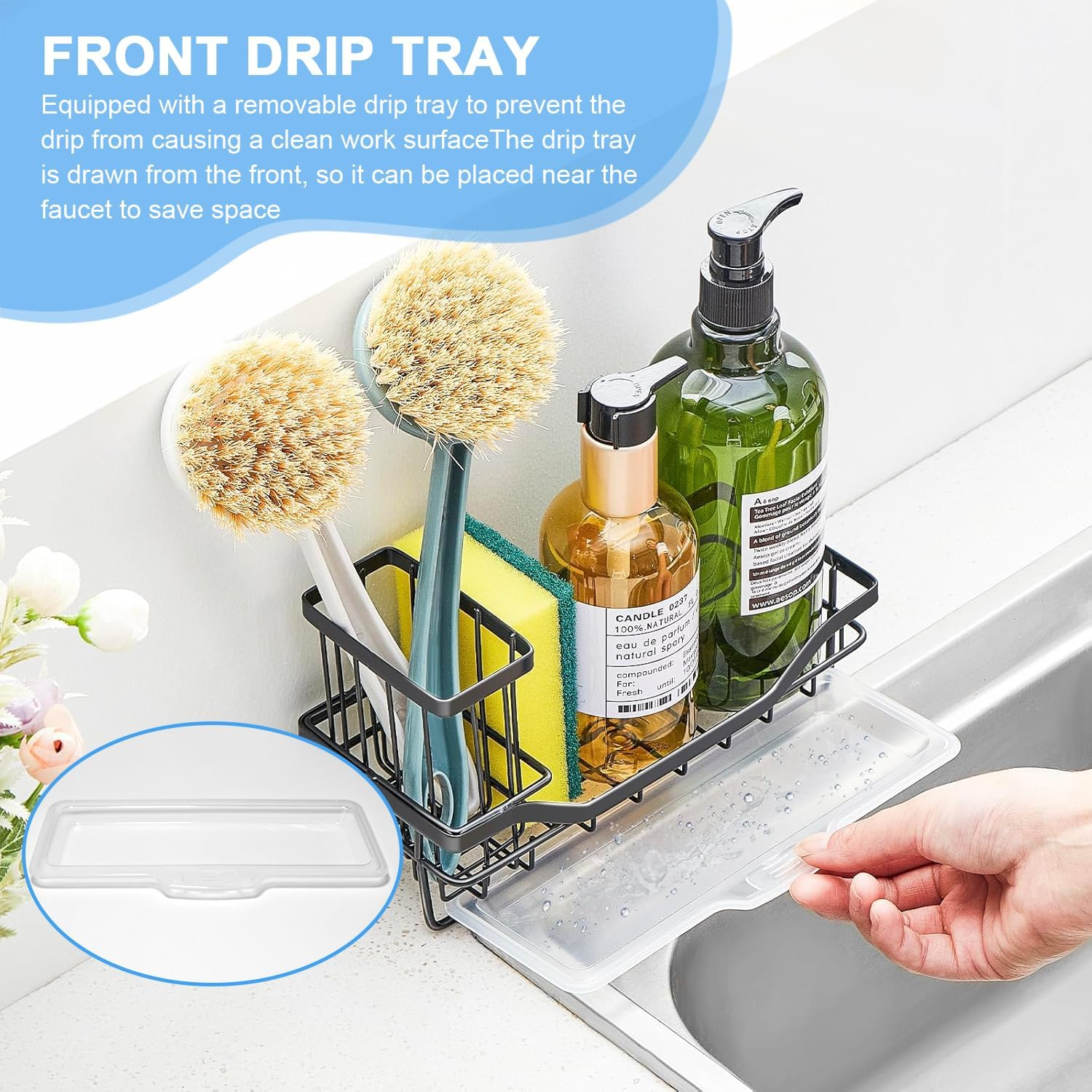 Sponge Holder for Kitchen Sink Organizer，Kitchen Accessories，Kitchen Sink Counter with Detachable Brush Holder & Drain Tray，Kitchen Sink Caddy，Kitchen Organizer，Stainless Steel，Black image number 6