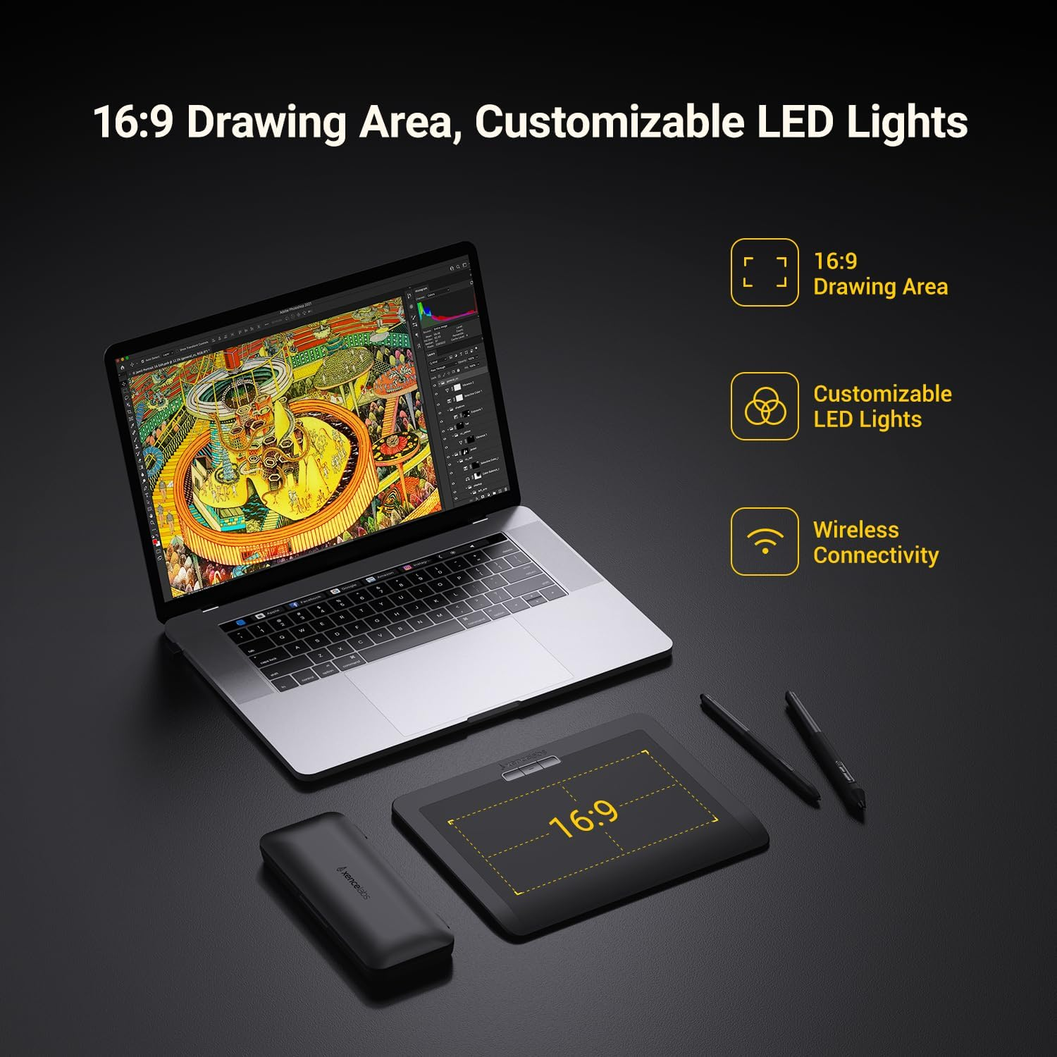 XENCELABS Drawing Tablet, Portable Wireless Precision Graphic Tablets, Ultrathin Pen Tablet with 2 Battery-Free Stylus, 8192 Levels Pressure, 16.9 Aspect Ratio Digital Art Pad for Win/Mac/Linux image number 2