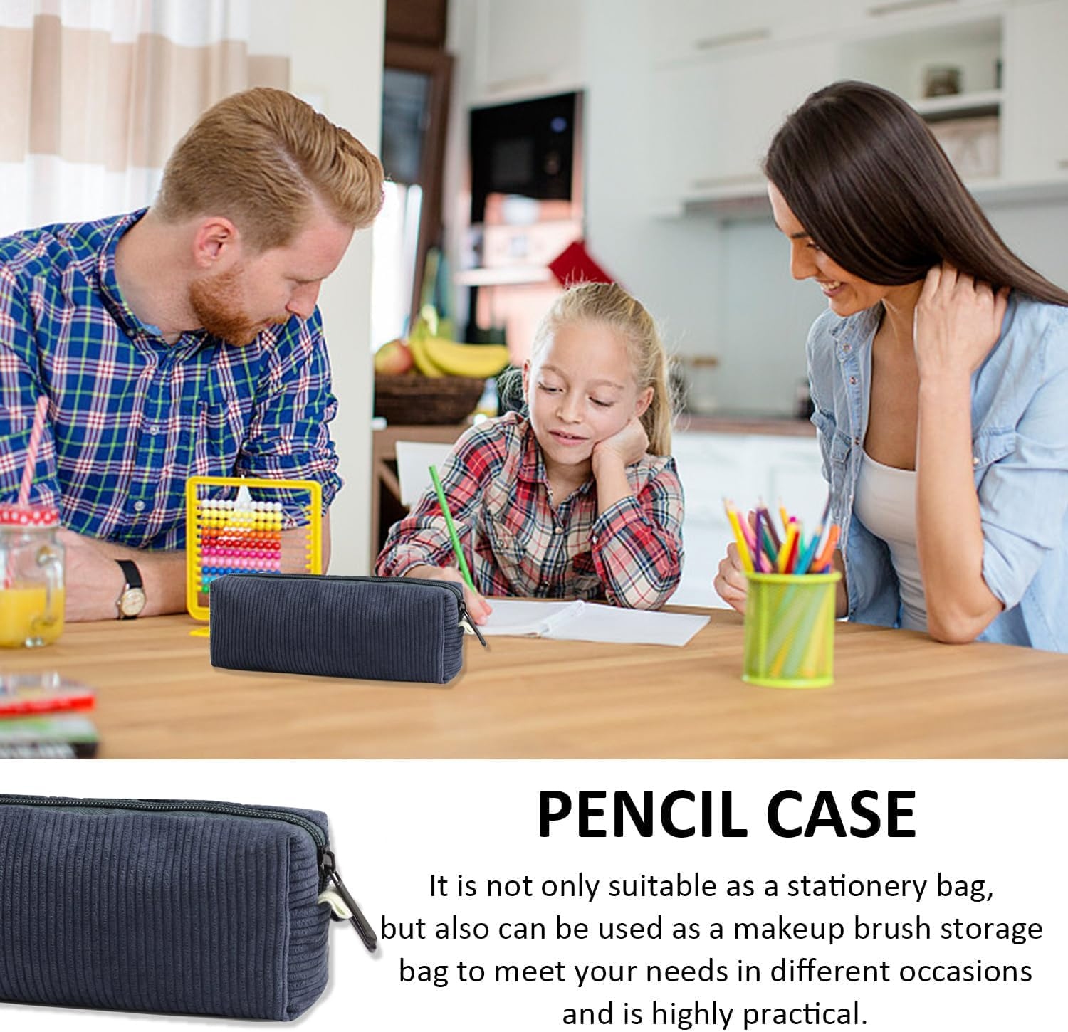 Corduroy Pouch, Large Capacity Storage Bag, Portable Pen Organizer for Kids, Office Stationery, Cute Makeup Pouch for Home, School, Office (Blue) - Black image number 5