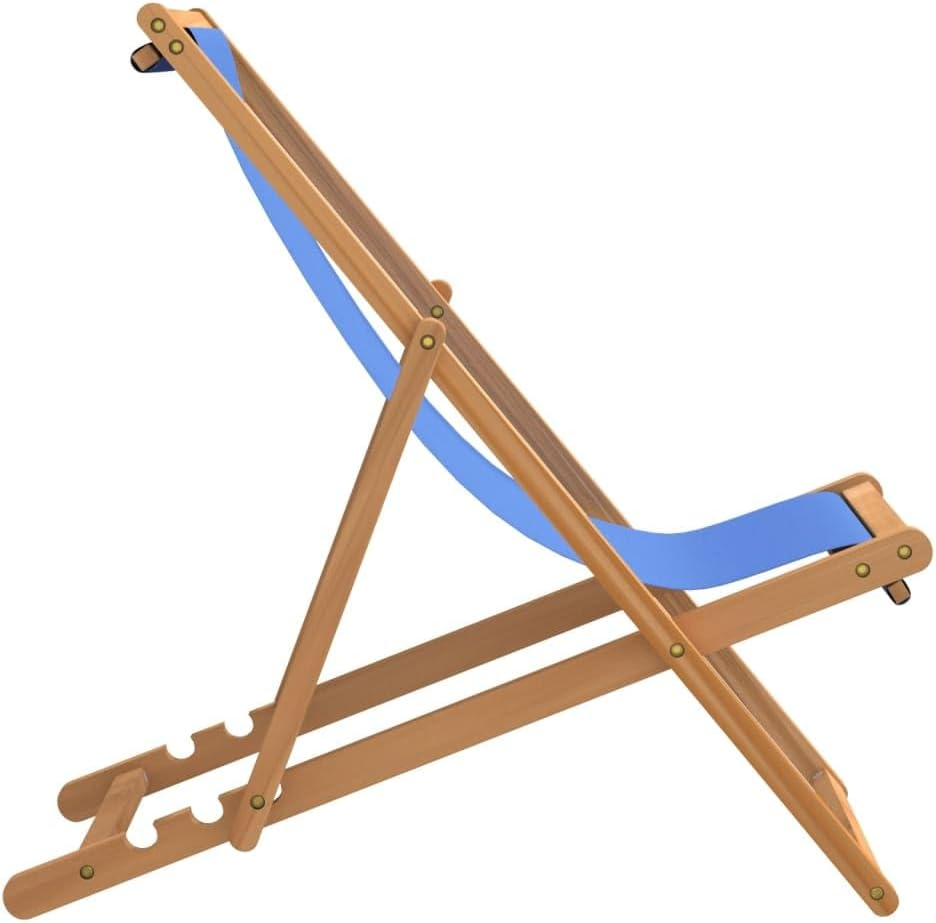 Vidaxl Adjustable Teak Wood Deck Chair with Fabric Comfort - Convenient Foldable Outdoor Furniture for Garden, Beach or Campsite - Brown and Blue image number 2