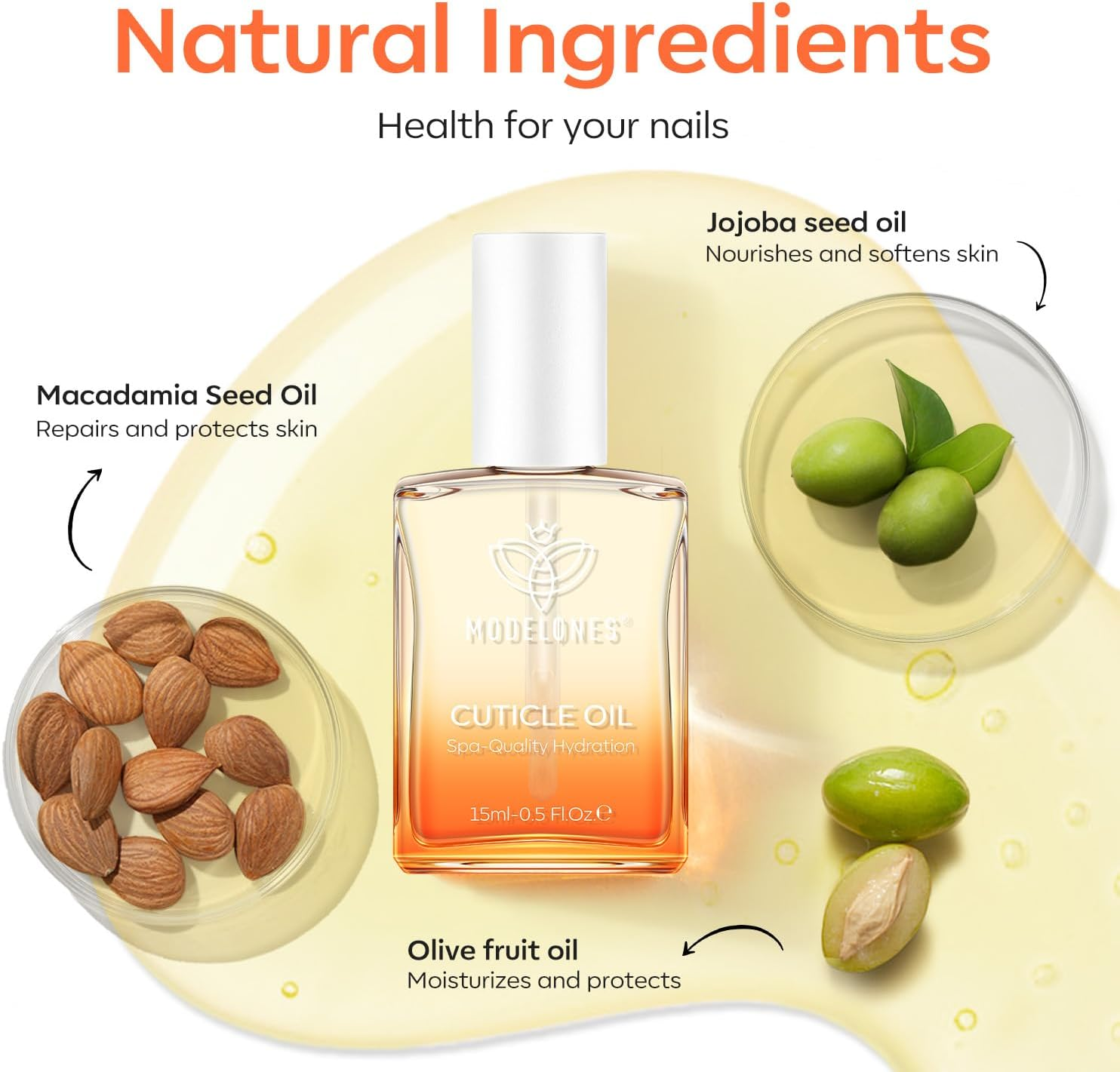 Modelones Cuticle Oil for Nail & Cuticle Care, Nourishing Formula with Jojoba Oil & Vitamin E, Nail Strengthener, Moisturizes Dry Skin, Repairs Cuticles, Nail Growth Oil, 15Ml