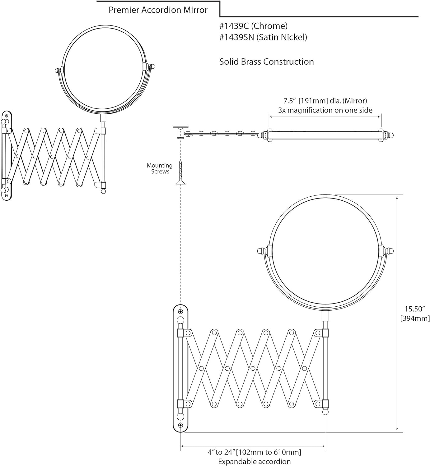 Gatco 1439SN Accordian Arm Wall Mount Mirror, Satin Nickel